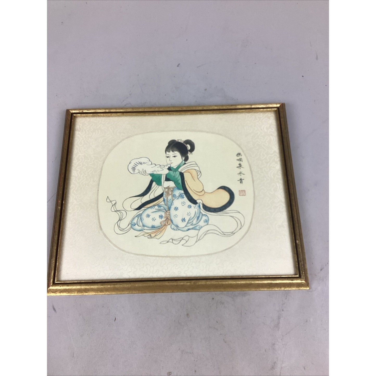 Antique Chinese Watercolor Painting On Silk - Girl Playing Instrument