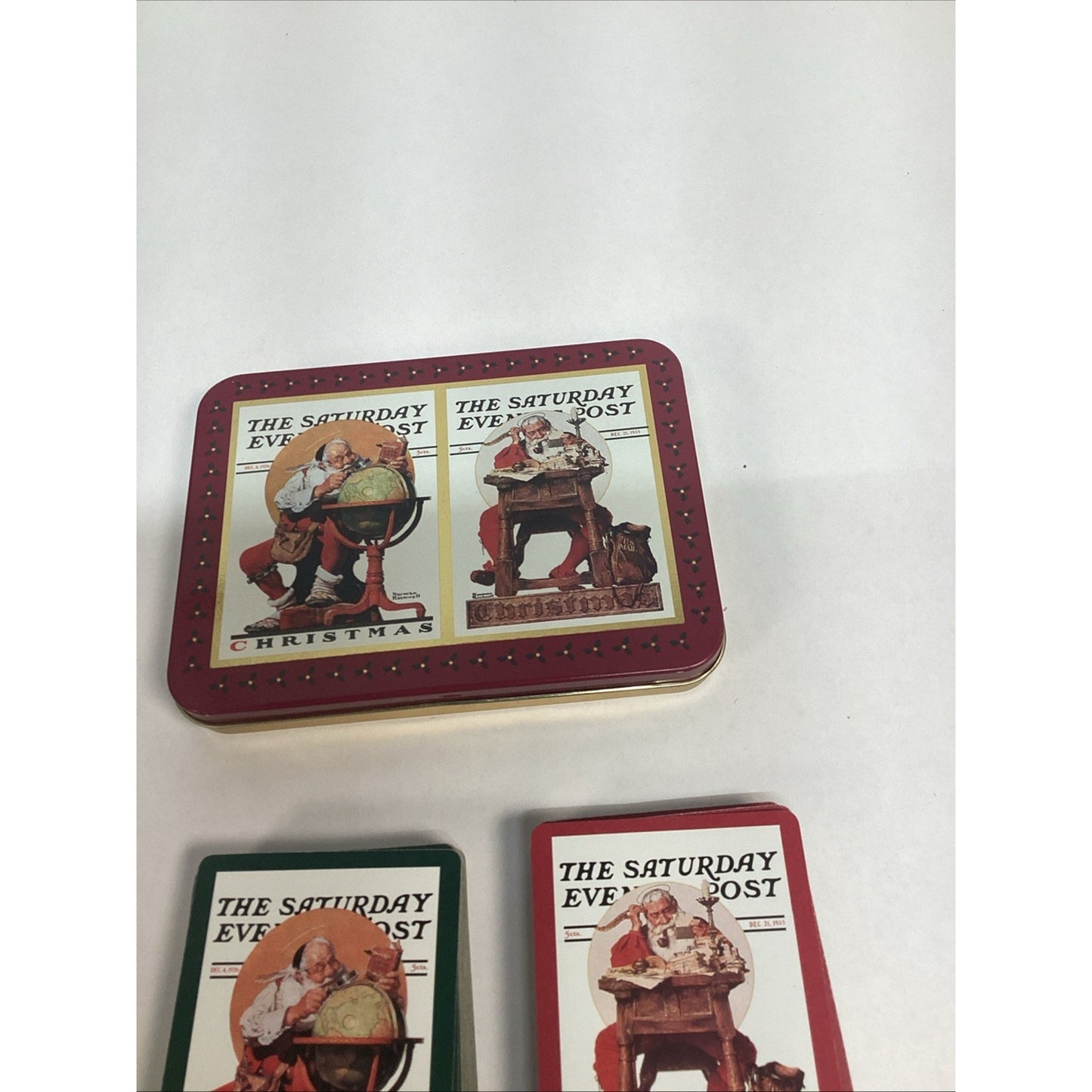 Vintage Norman Rockwell Collectible Santa Christmas Tin And Playing Cards