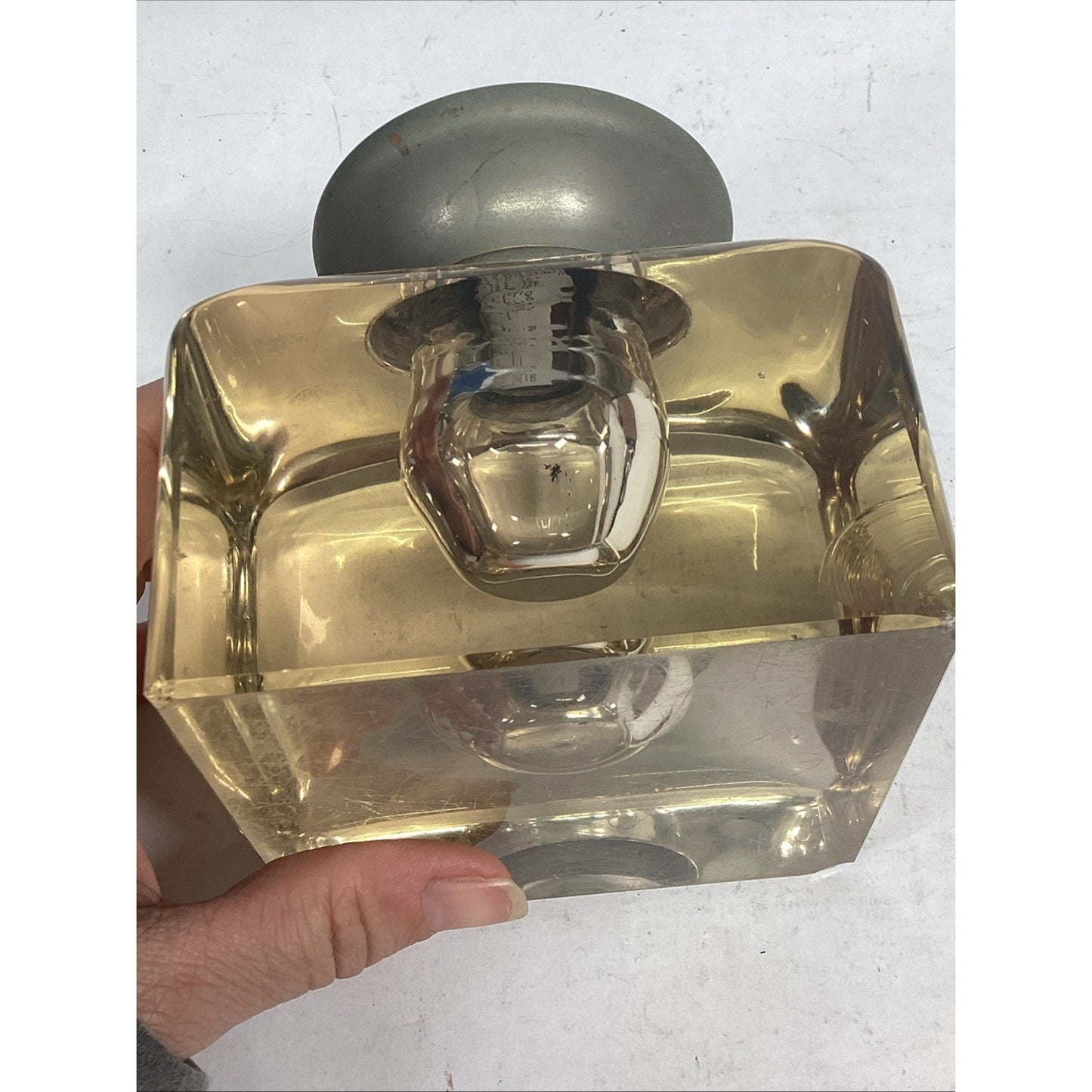 Antique Large 1910 English Glass Inkwell - Crystal & Nickel Over Brass