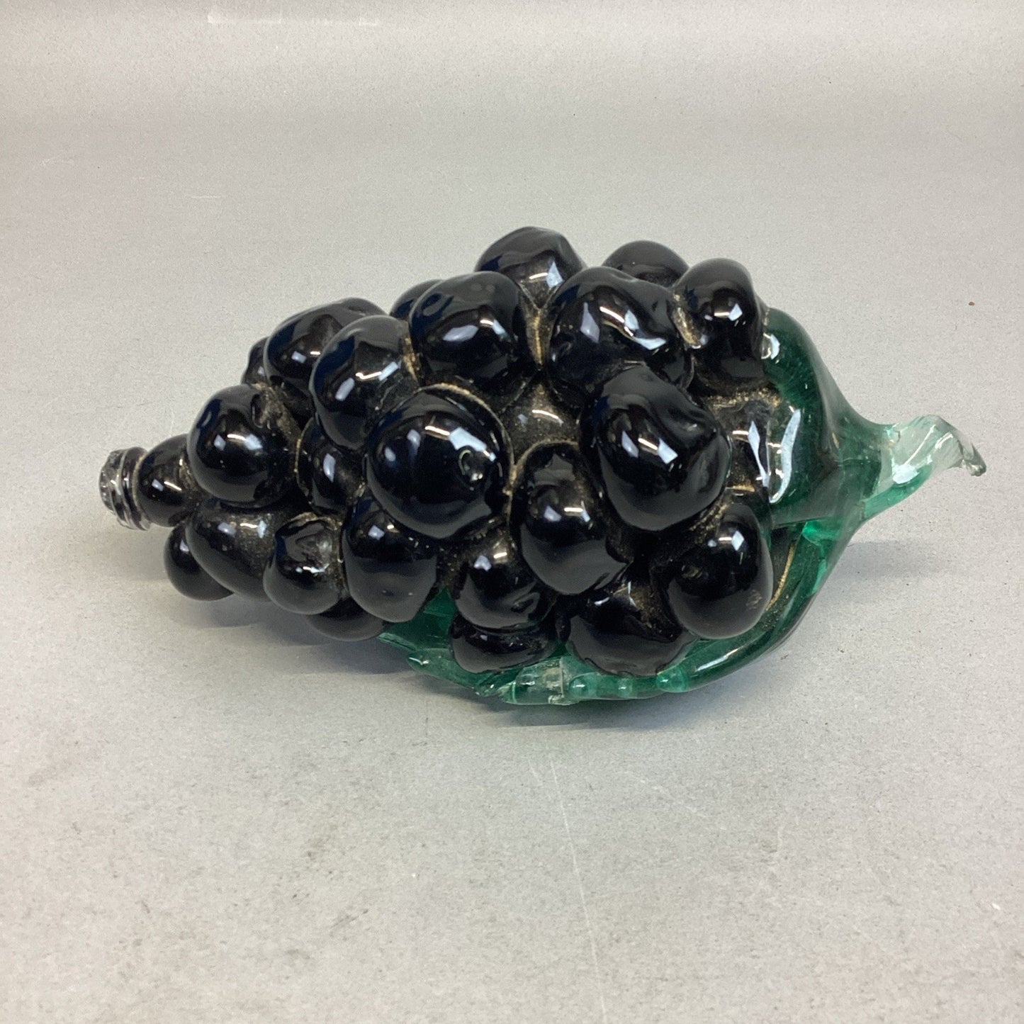 Hand Blown Glass Purple Grapes & Emerald Green Stem & Leaf Paper Weight - 7.25”L