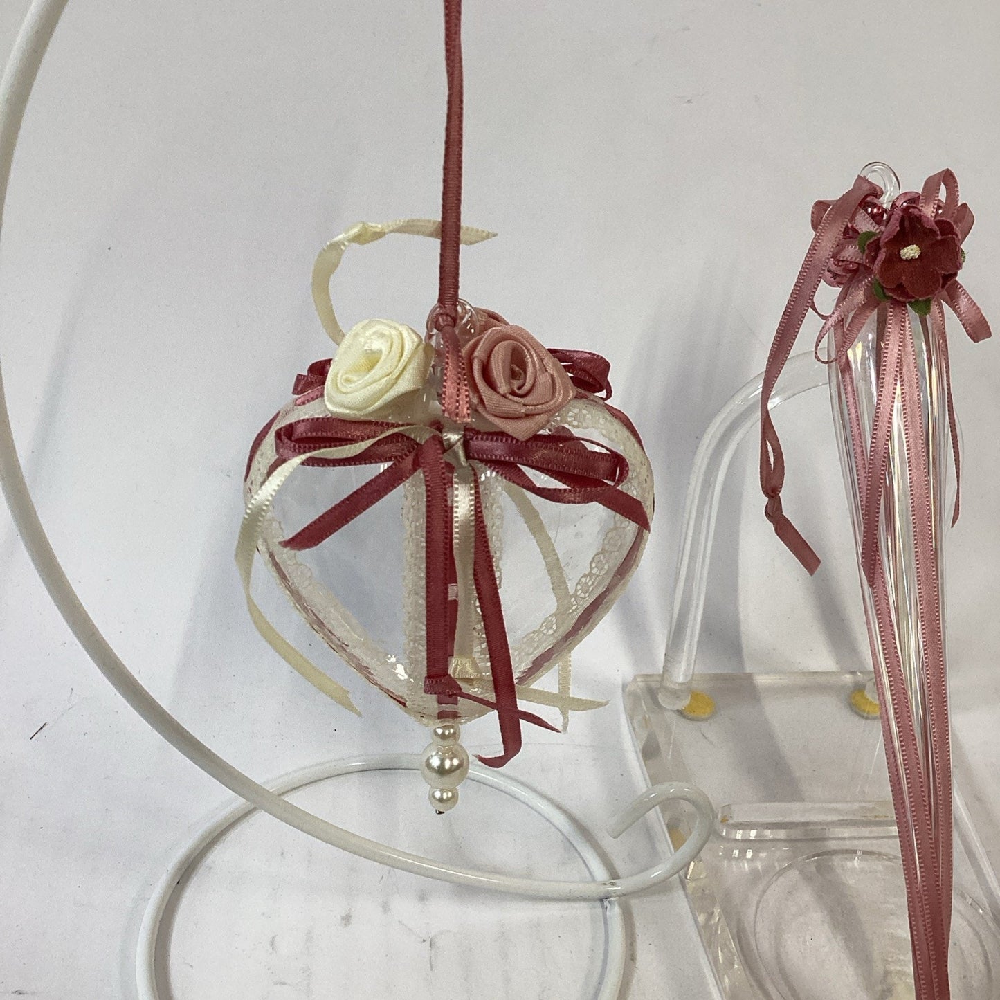 Lot of 2 Glass Christmas Ornaments - Heart With Roses And Icicle With Flower