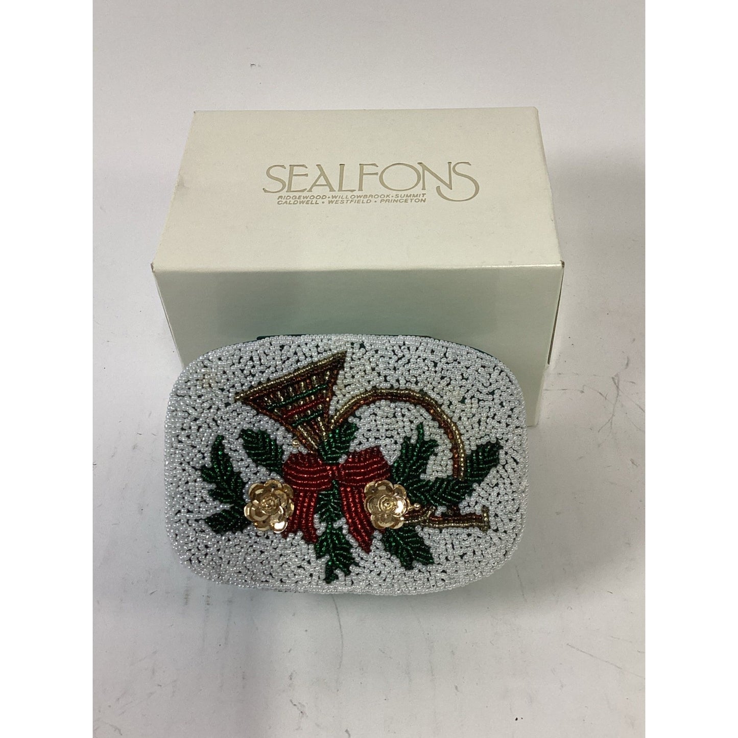 Vintage Sealfons Christmas Beaded Trinket Keepsake Box W/ Lid & Original Box