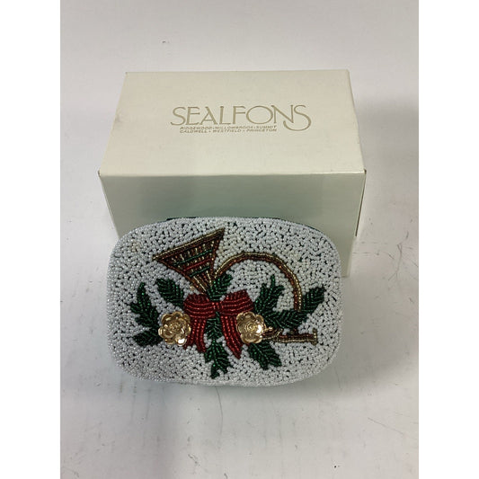 Vintage Sealfons Christmas Beaded Trinket Keepsake Box W/ Lid & Original Box