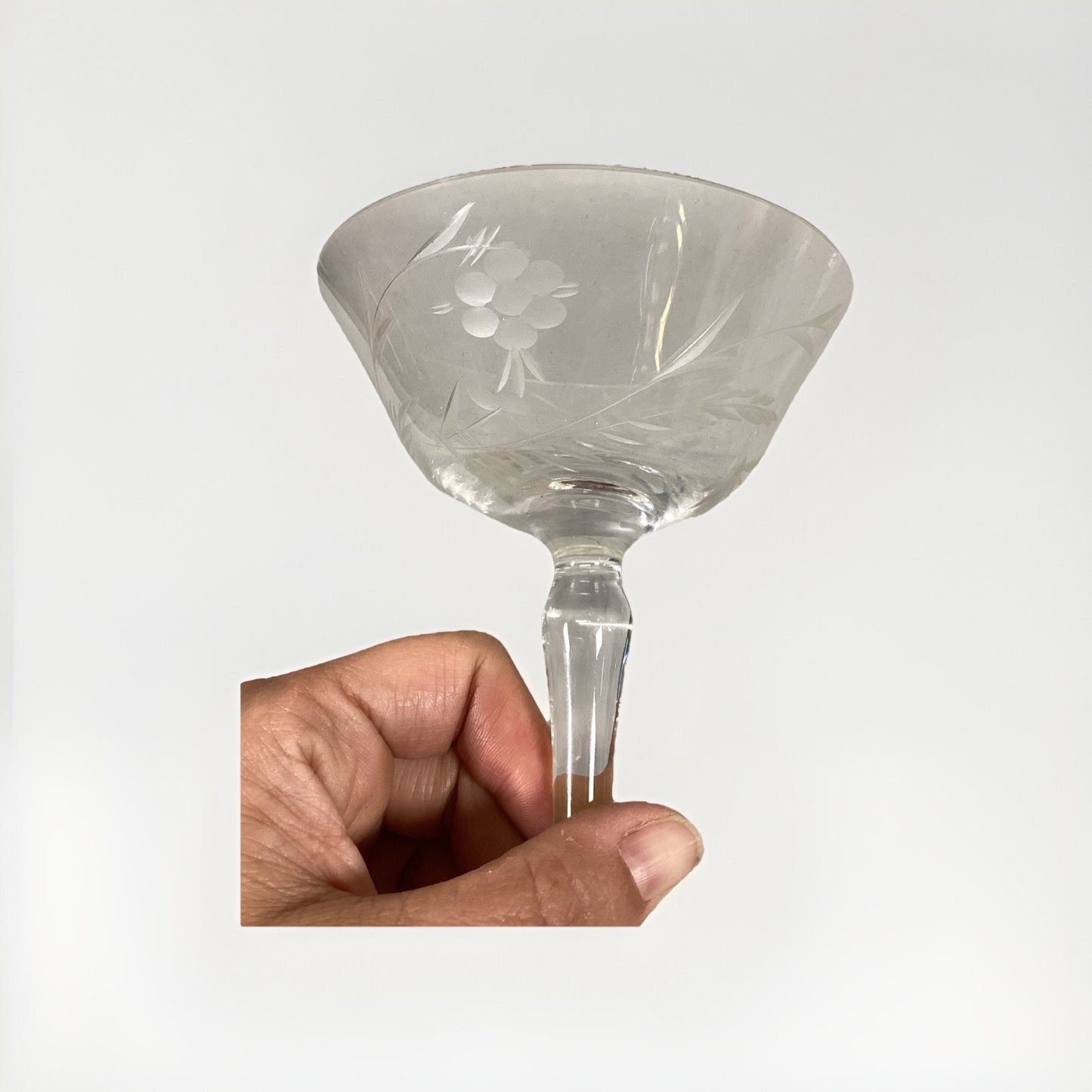 Set Of 4 Floral Etched Glass Champagne Glasses