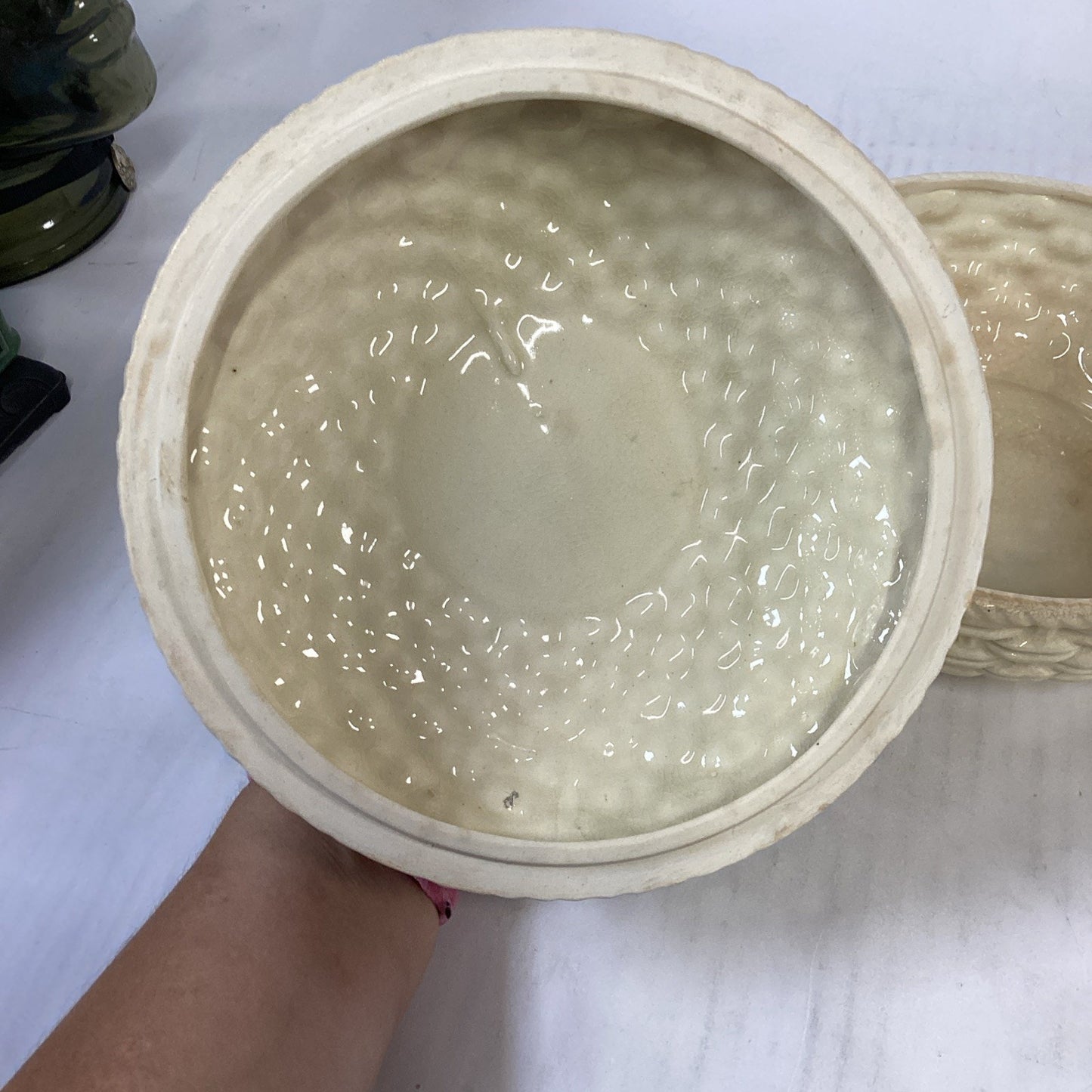 Vintage Ceramic Basket Weave Covered Serving Dish & Vases Set
