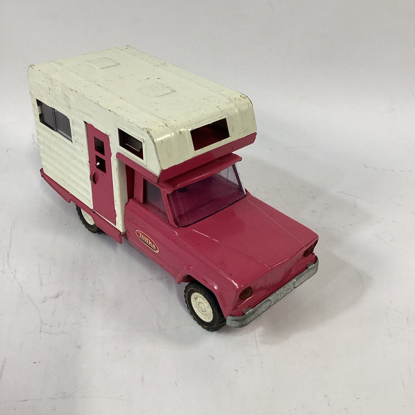 Vintage 1960's Tonka Jeep Camper Pink Pressed Steel Truck and Camper