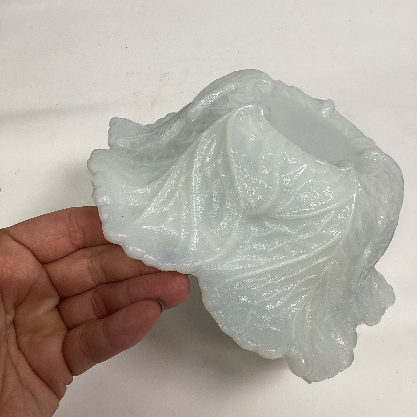 Antique Portieux Vallerysthal White Milk Glass Cabbage Leaf Candy Dish