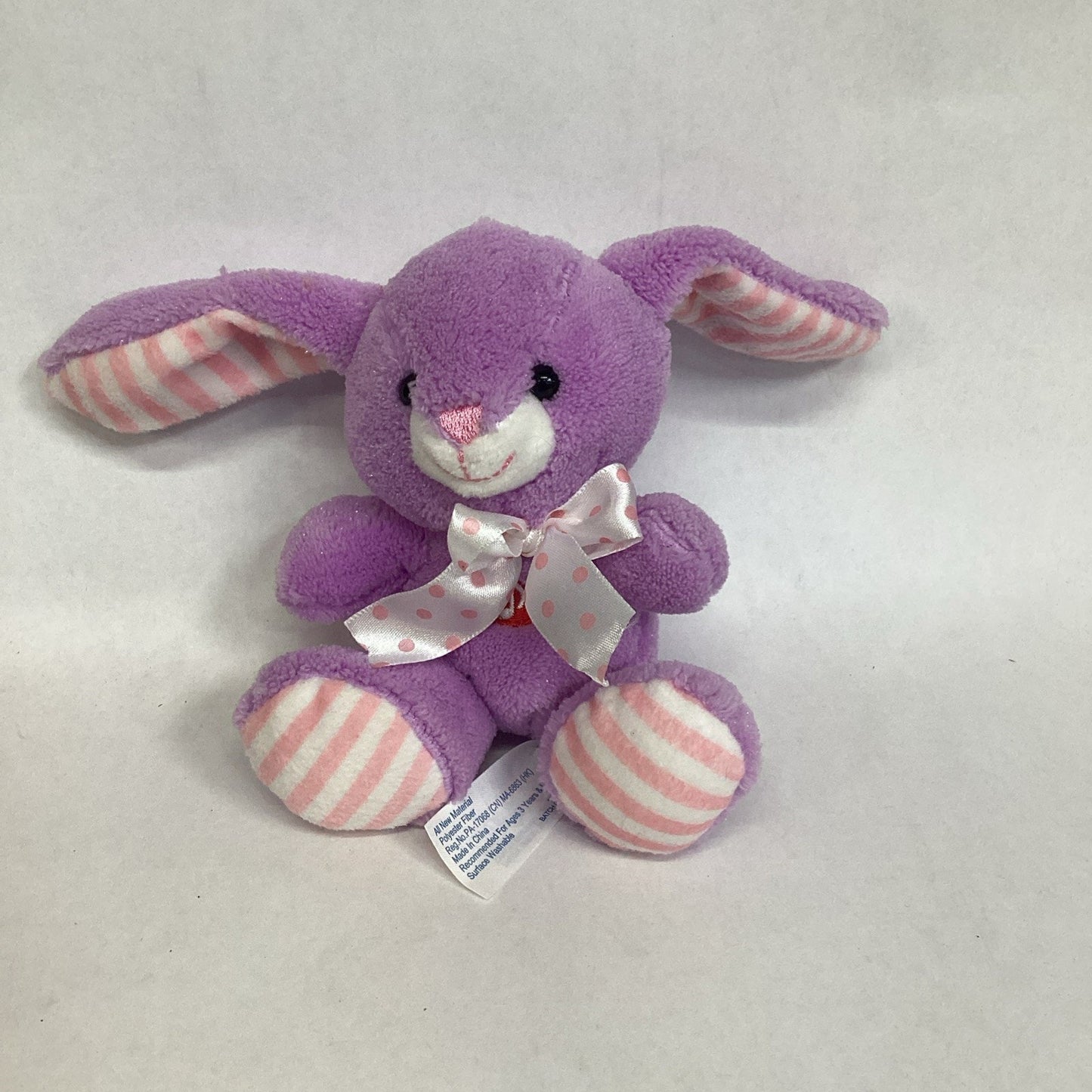 Hug Fun Purple Bunny Rabbit Plush Toy White Pink Stripe Bow -Makes ‘Boing’ Sound