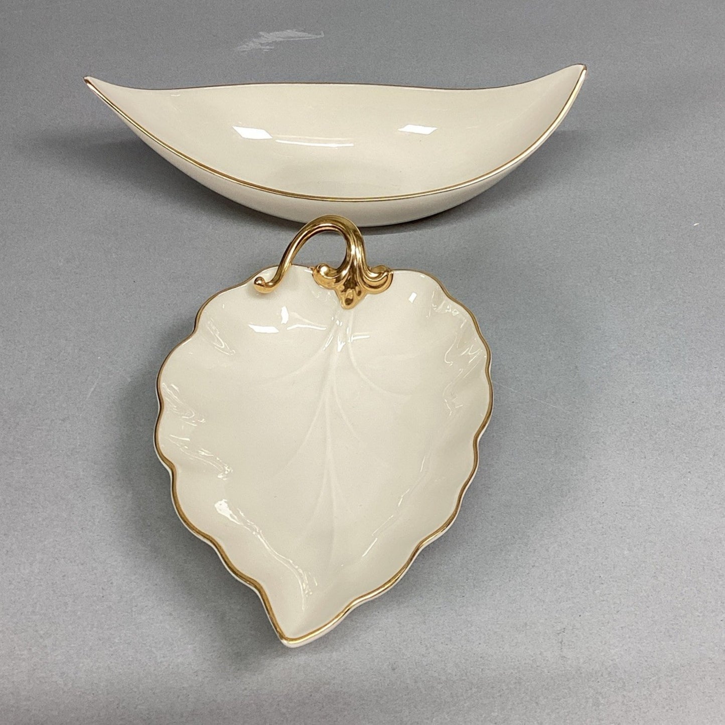 Lot Of 2 - Lenox Candy Nut Serving Dishes - Leaf Shaped/Banana Boat -Made In USA