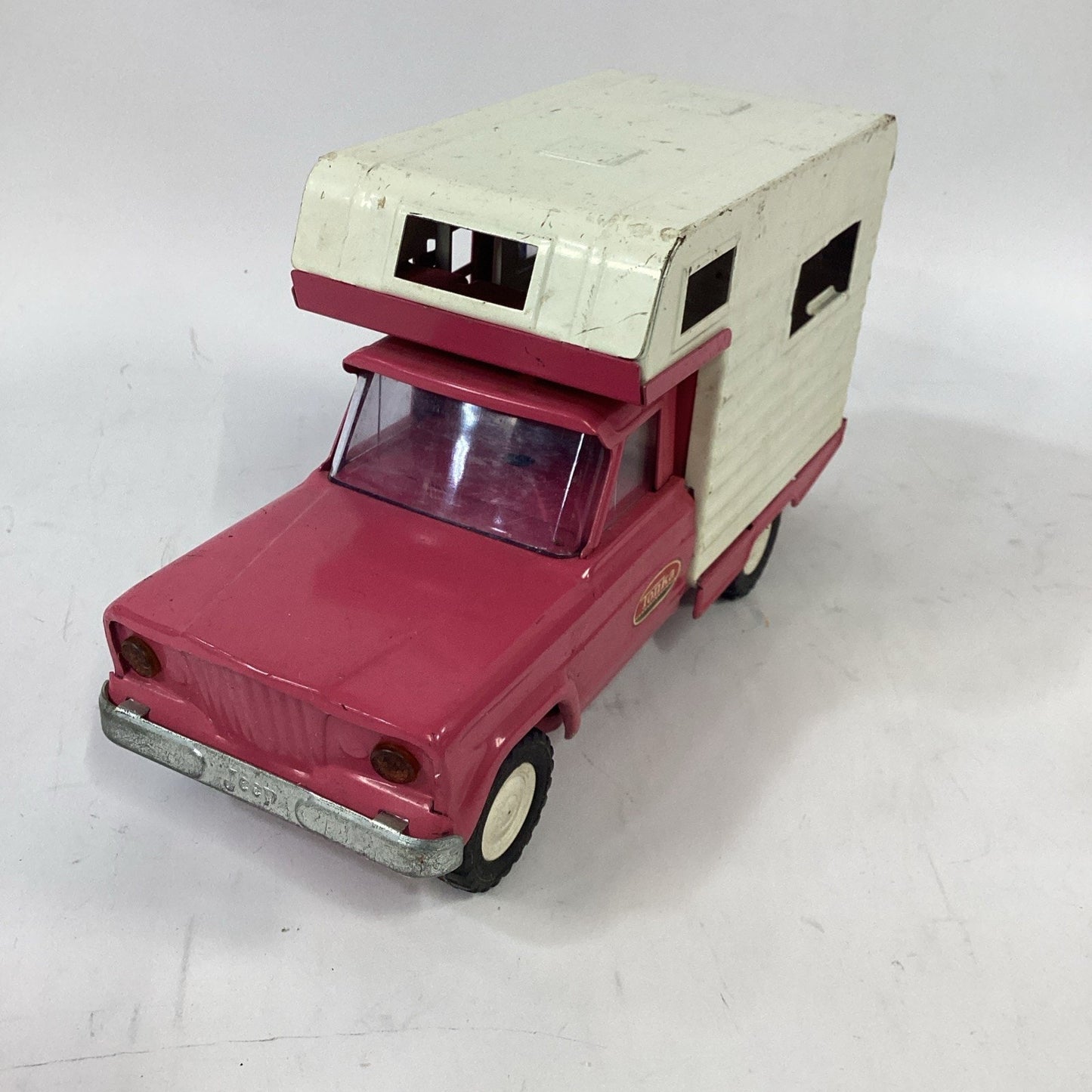 Vintage 1960's Tonka Jeep Camper Pink Pressed Steel Truck and Camper
