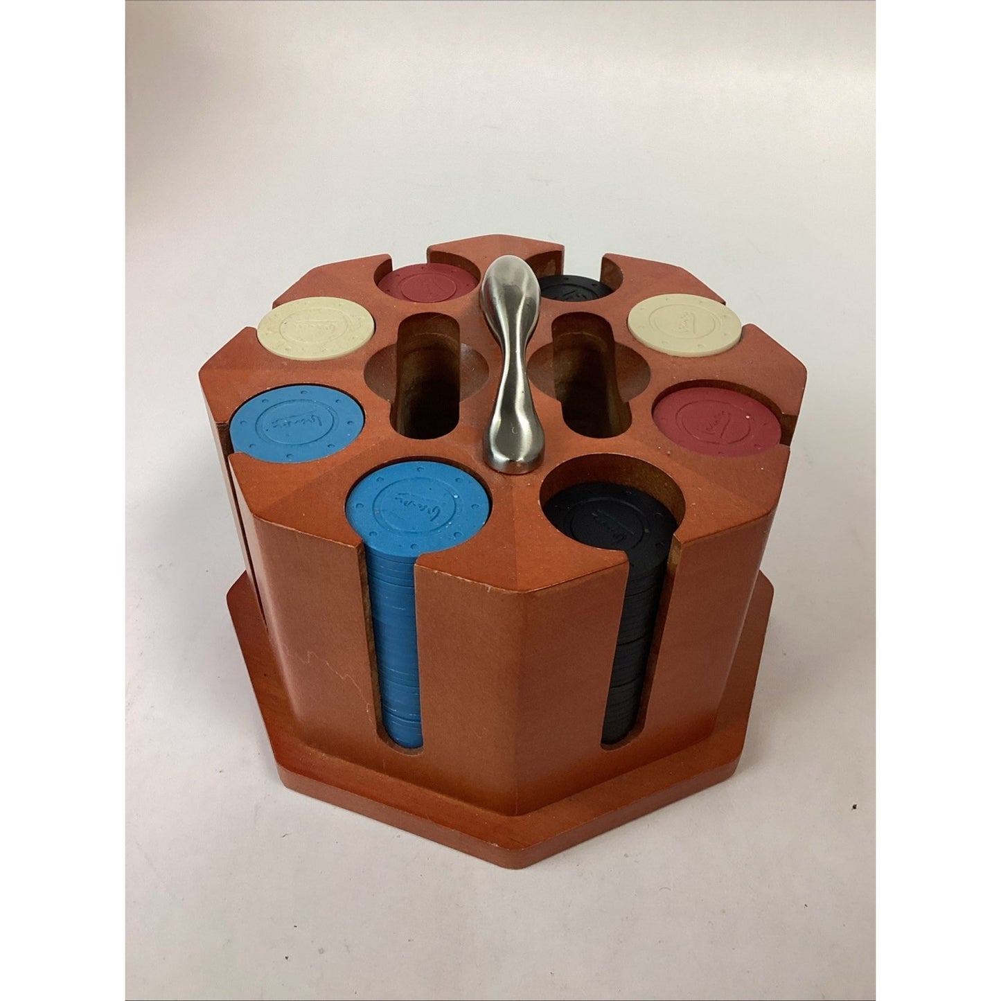 POKER CHIP Caddy In Wood Carousel 8 Slot, 2 Deck Holder, Chips Included