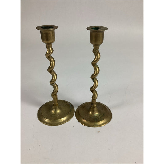 Set Of 2 Brass Spiral Twist Taper Candle Holders - 7”H