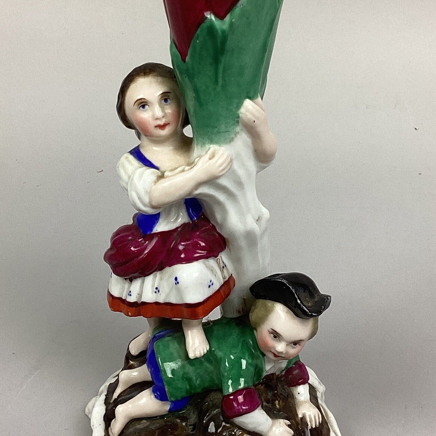 Vintage Porcelain Boy And Girl Red Rose Candlestick Holder - 7.5”