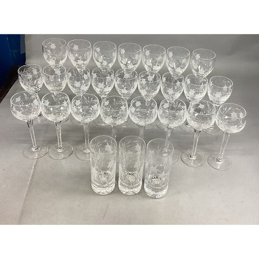 27 Glass Champagne, Red & White Wine Glasses & Water Glasses w/ Frosted Flowers