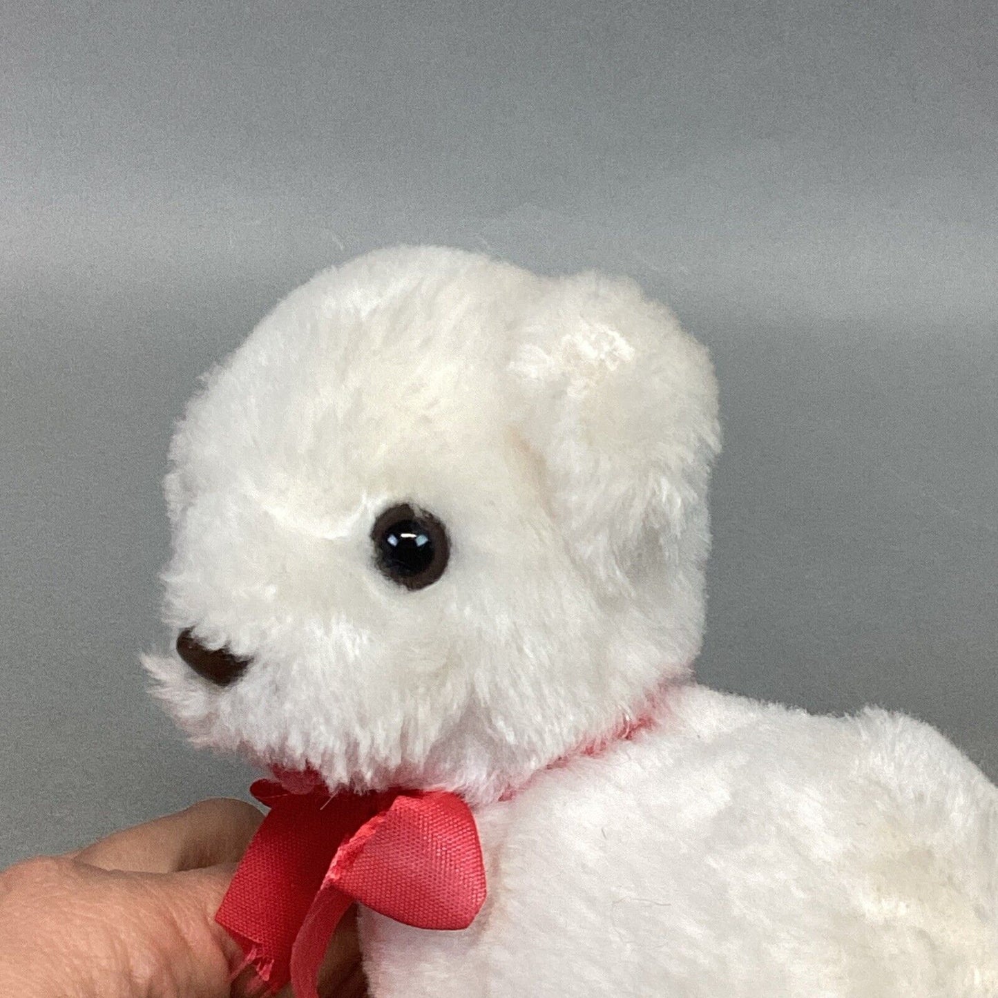 Vintage 1982 White Polar Bear Cub Plush Toy With Red Ribbon