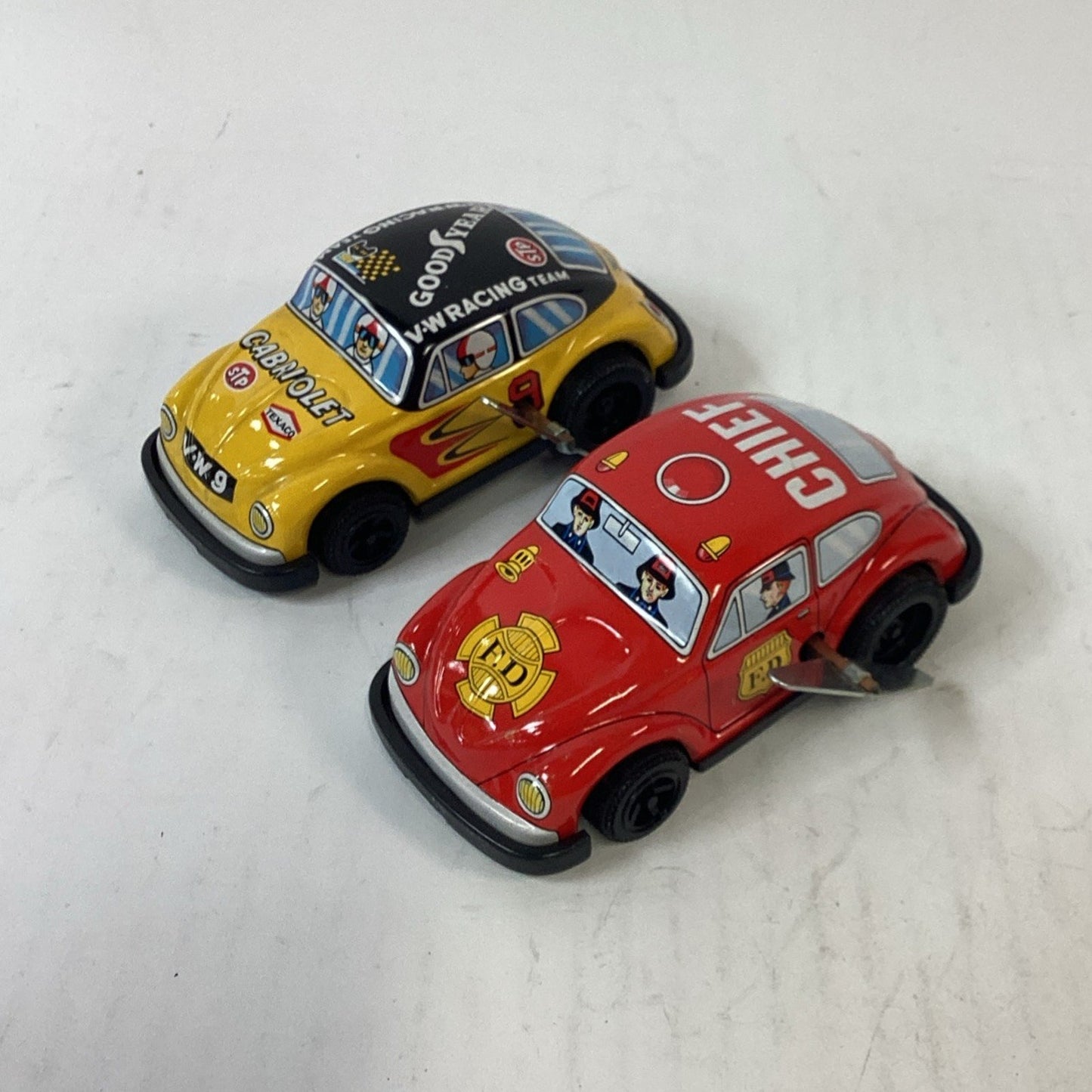 Vintage Lot of 2 Volkswagon Beetle Fire Chief/Racing Wind Up Tin Litho Japan