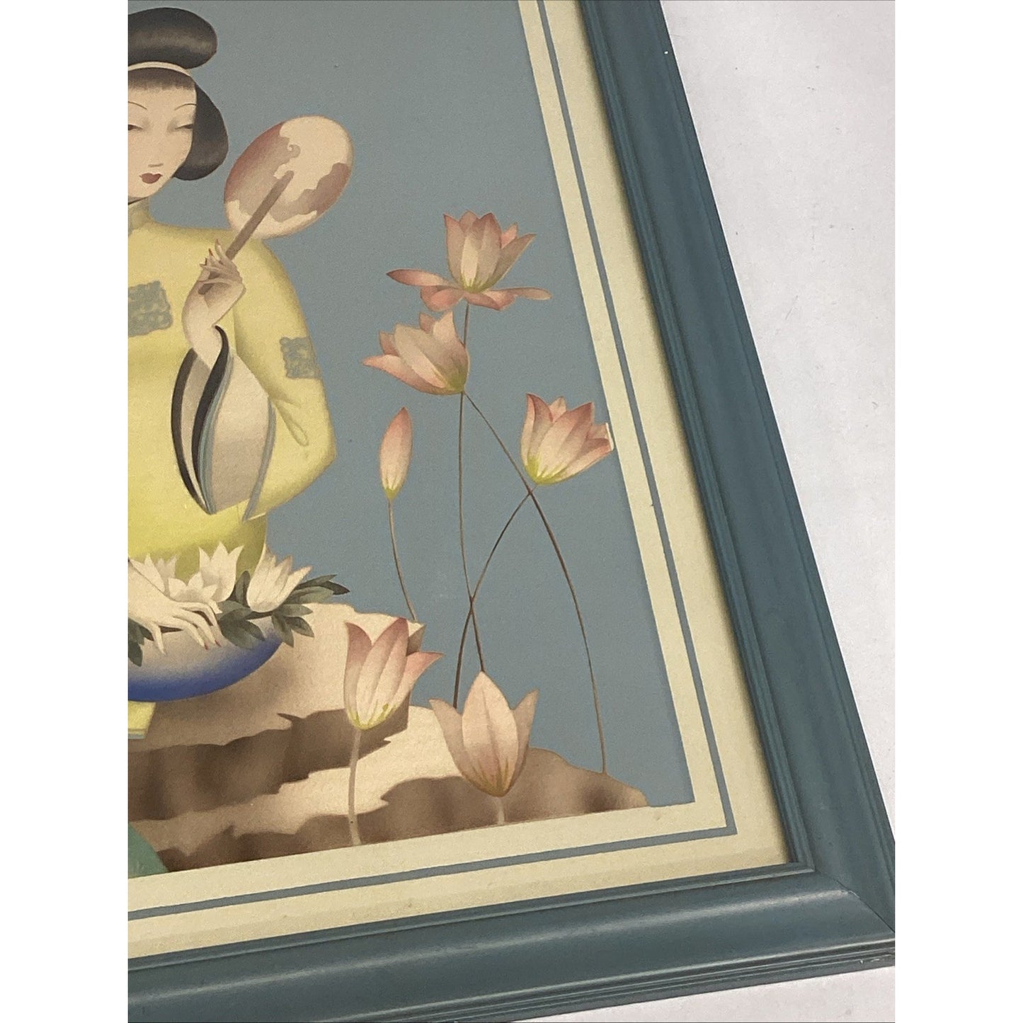 Vintage Framed Lithograph of a Sitting Asian Woman Among Lotus Flowers 24.5x20”