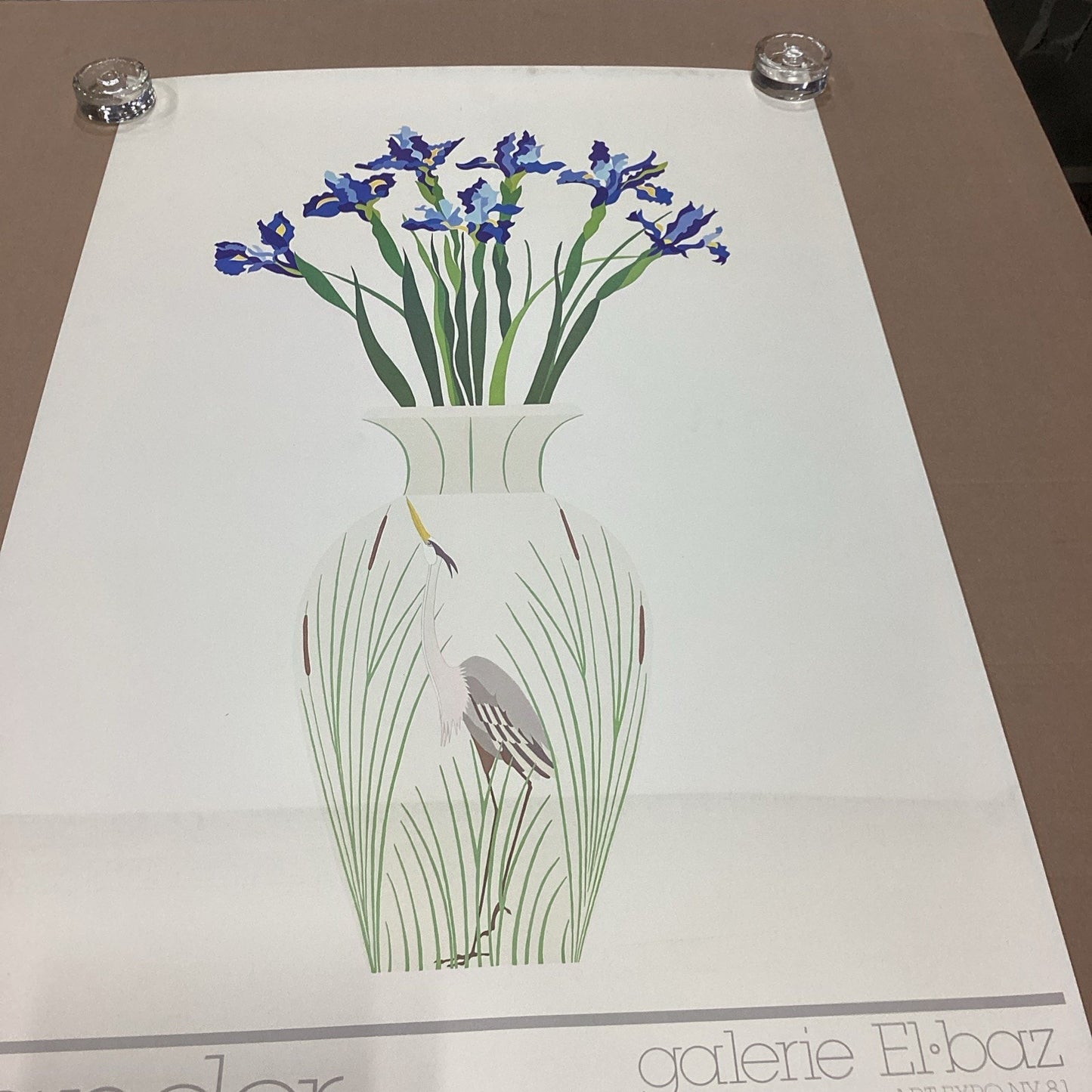 Galerie El Baz Lander - Blue Floral Vase W/ Egret Poster - 39.5x27.25” - 1981