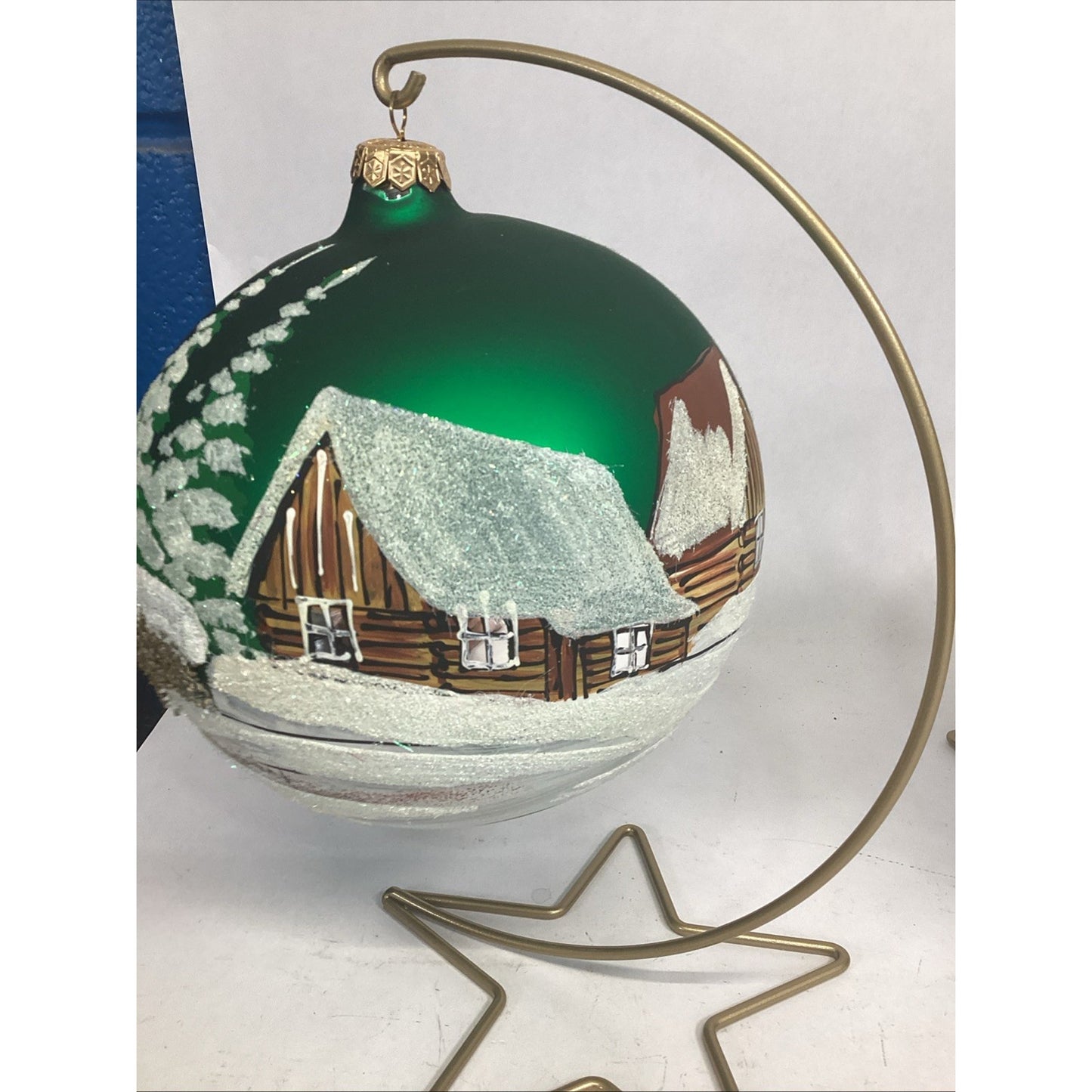 2 Hand Painted Snowy Cabins Glass Ball Ornaments With Ornament Hangers - 7”D