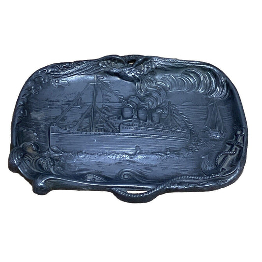 Antique Pewter Steamship Embossed Decorative Ashtray - 6x4”