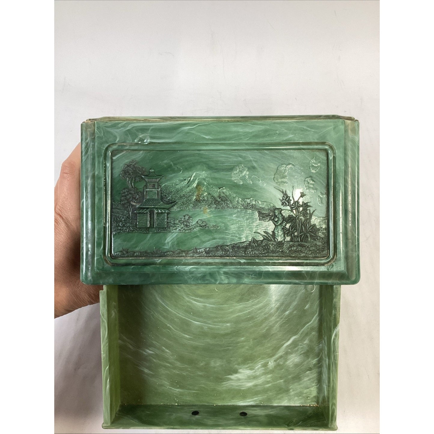Vintage Green Marbled Celluoid Chinese Style Jewelry Box 3-Drawer