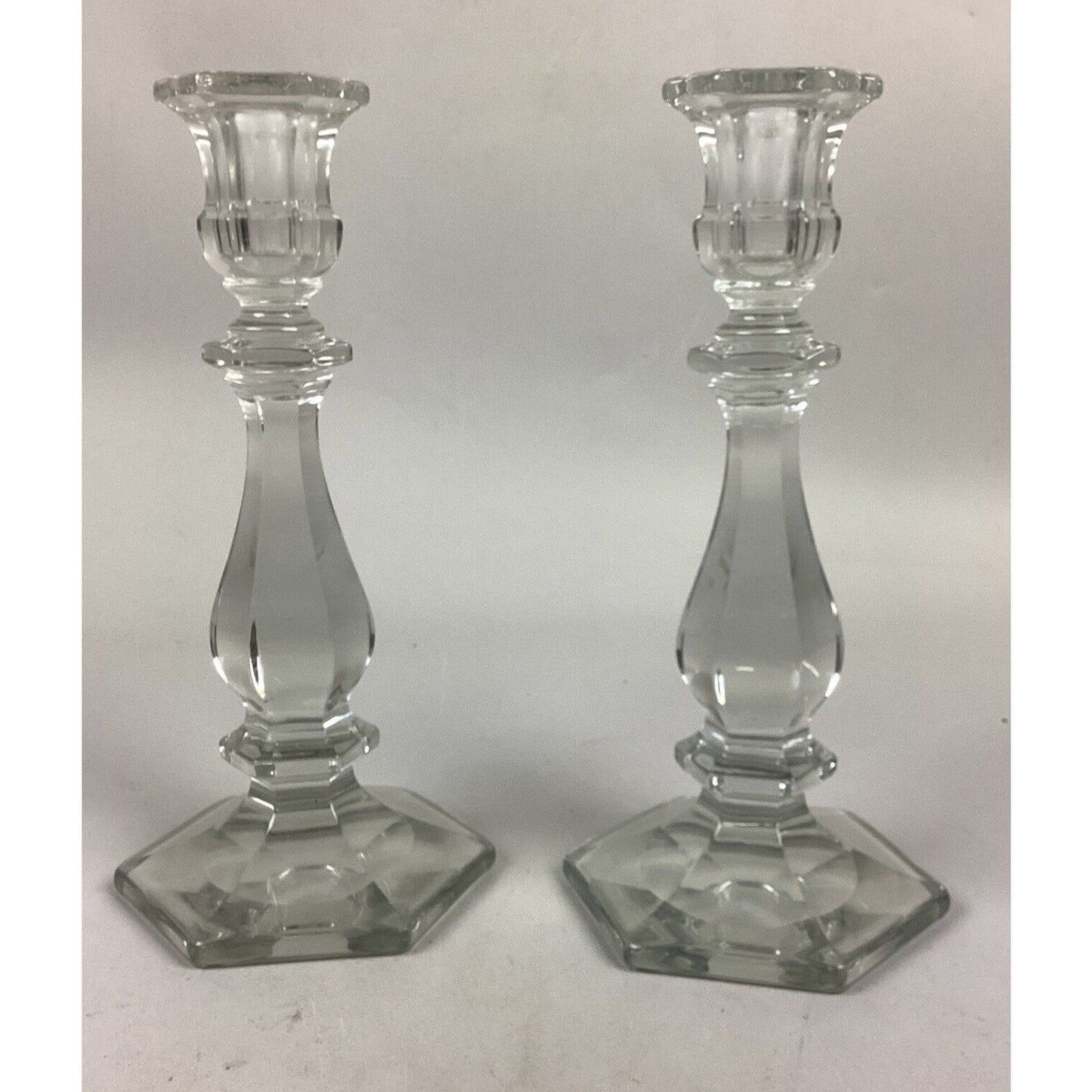 Set Of 2 Candle Stick Holders Clear Glass Crystal Heavy Hex Base - 11”H