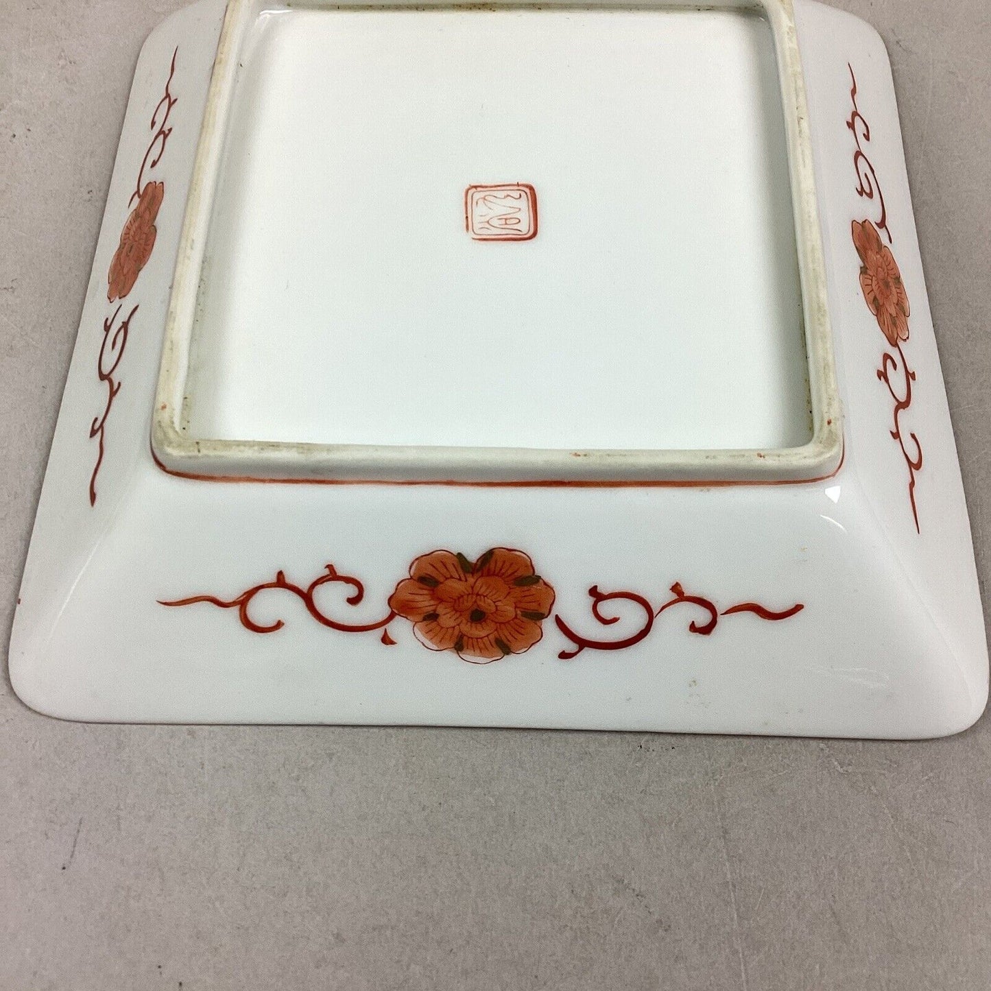 Vintage Red/Orange Japanese Floral Trinket Tray With Gold Trim - 5 1/2"D