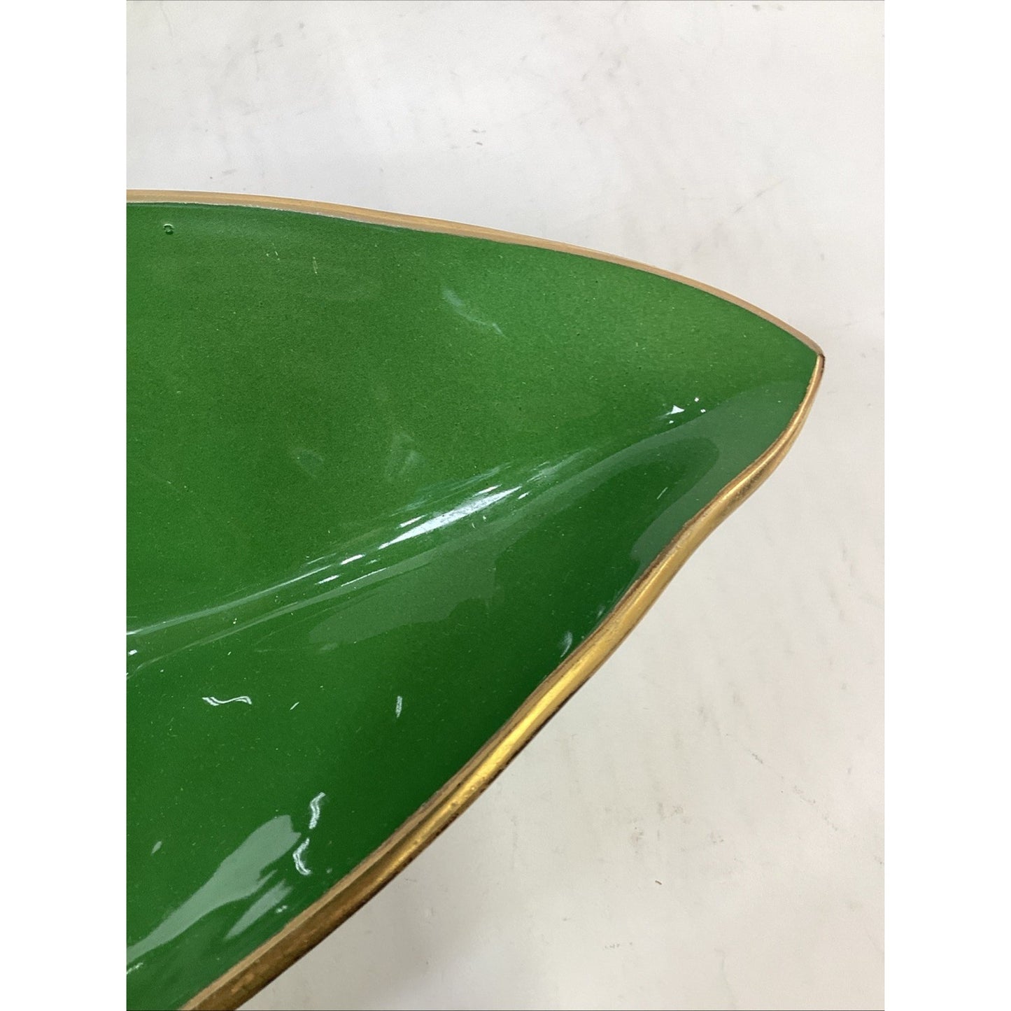 VTG MCM Green Glass Gondola Bowl Large Canoe Centerpiece W/ Gold Trim - 26.5”L