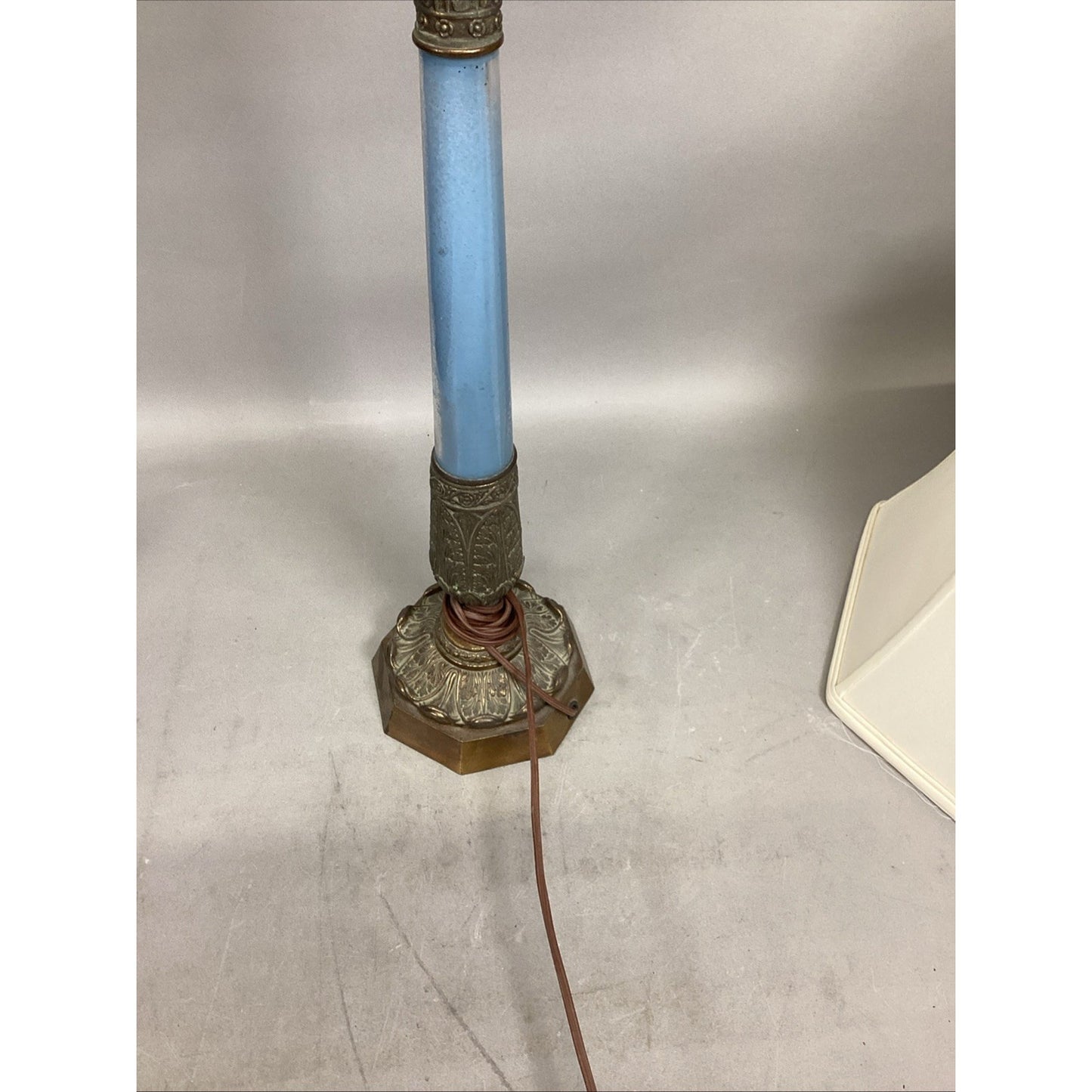 Vintage Mid Century Blue Glass & Bronze Table Lamp - 30”H