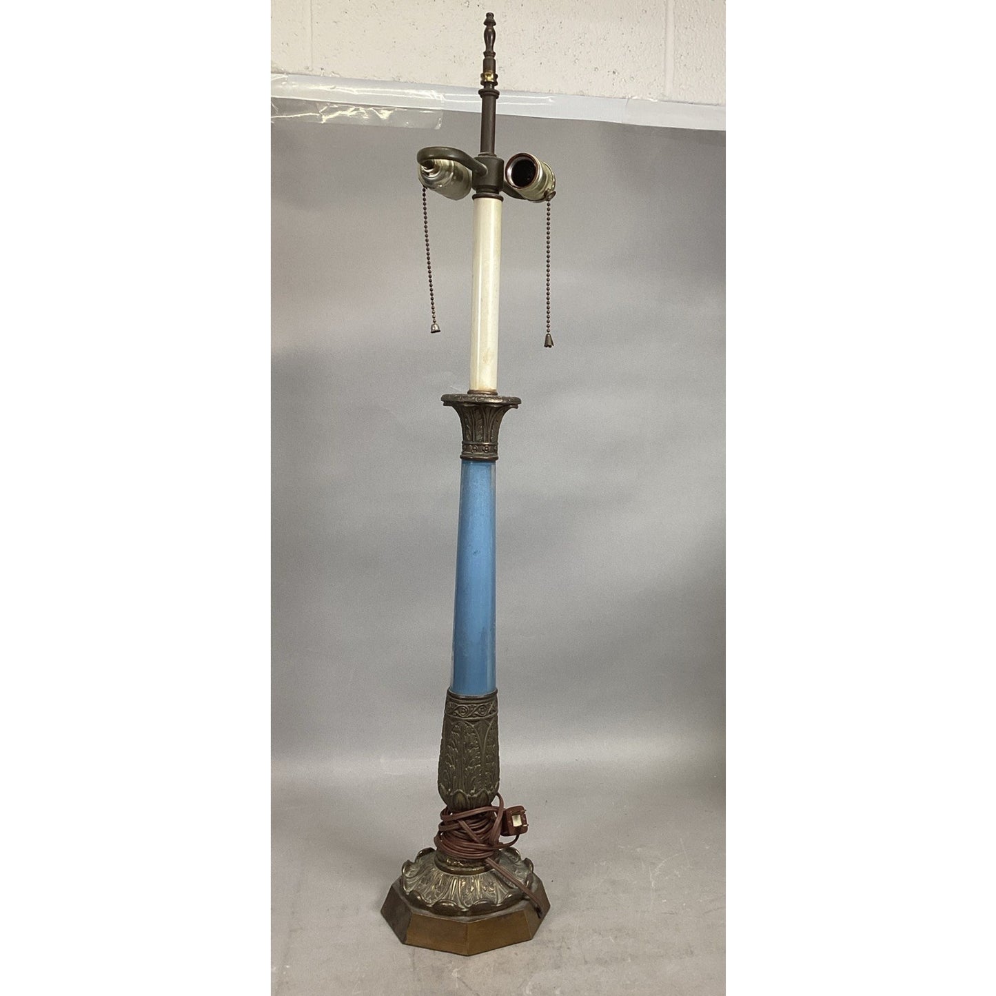 Vintage Mid Century Blue Glass & Bronze Table Lamp - 30”H