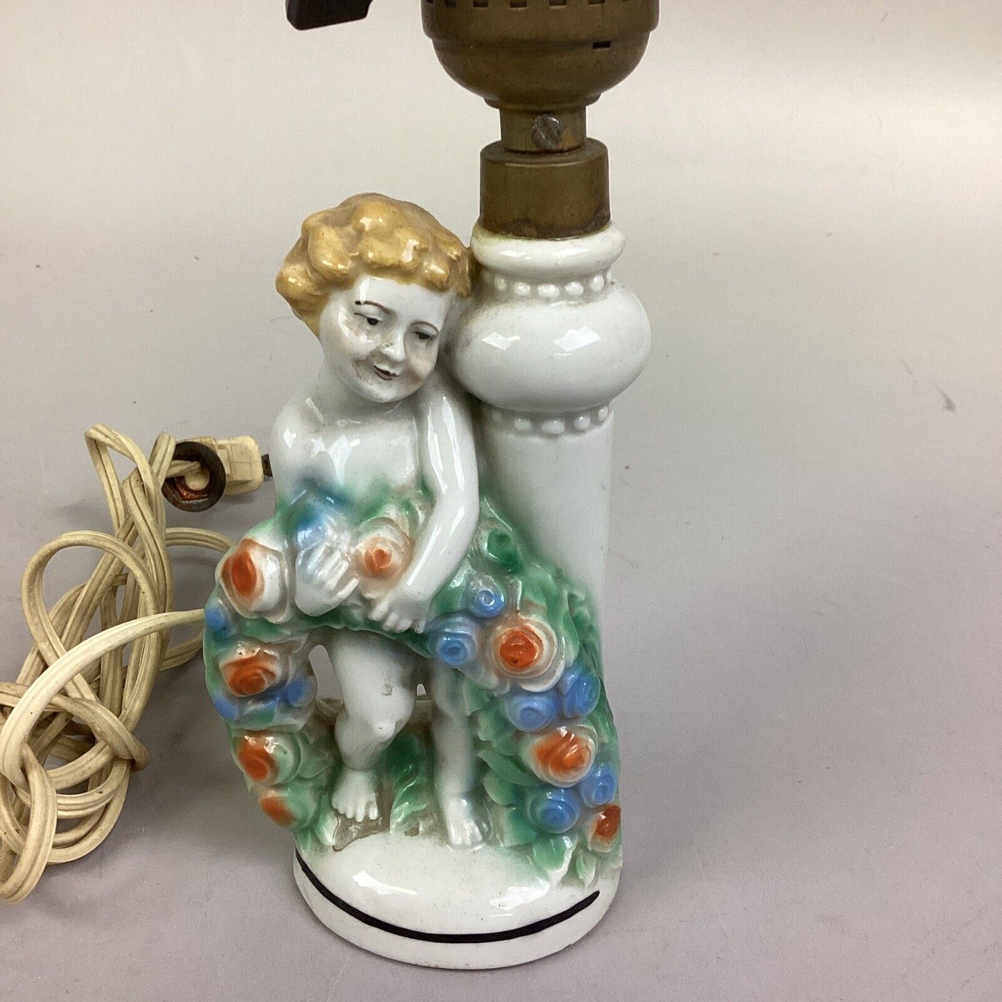 Ornate Vintage Porcelain Lamp - Child Holding Flowers - 9”