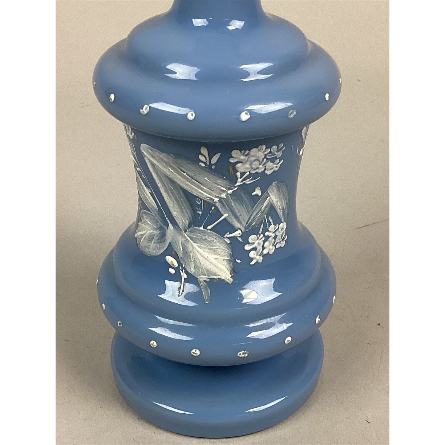 Vintage Blue Cologne Bottle Decanter White Enamel Florals Hand Painted - 8.5”H