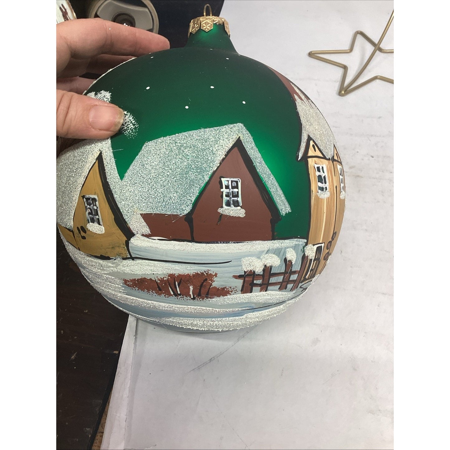 2 Hand Painted Snowy Cabins Glass Ball Ornaments With Ornament Hangers - 7”D