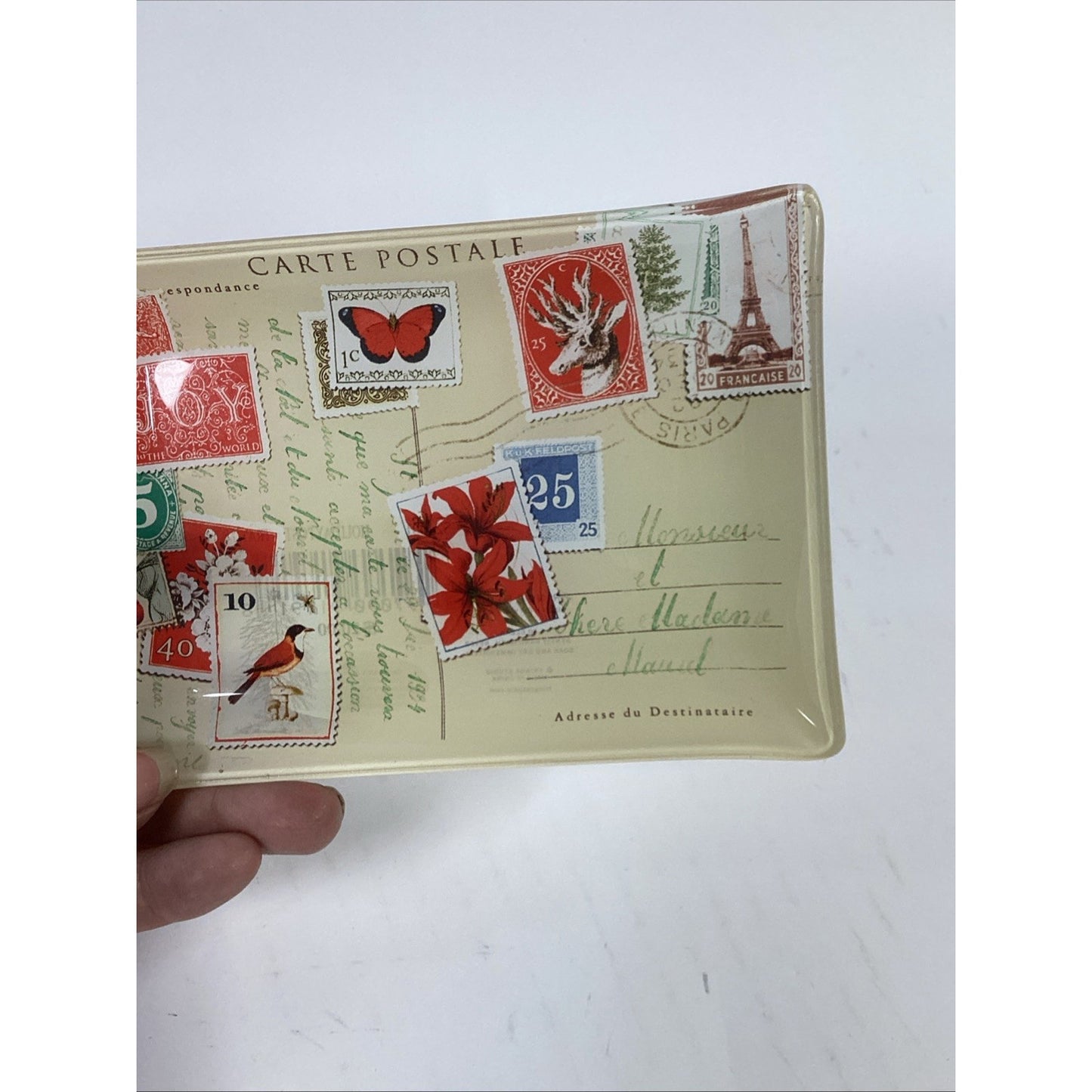 Fringe Studio Postcard Glass Trinket Tray Dish Small 4" x 6" Foreign Stamps