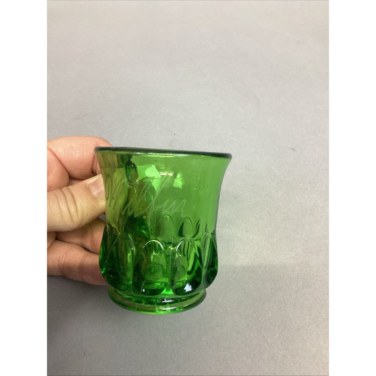 EAPG US Glass Arched Ovals Green Antique 2.5” Souvenir Mug 1905 - ‘Wilbur’.