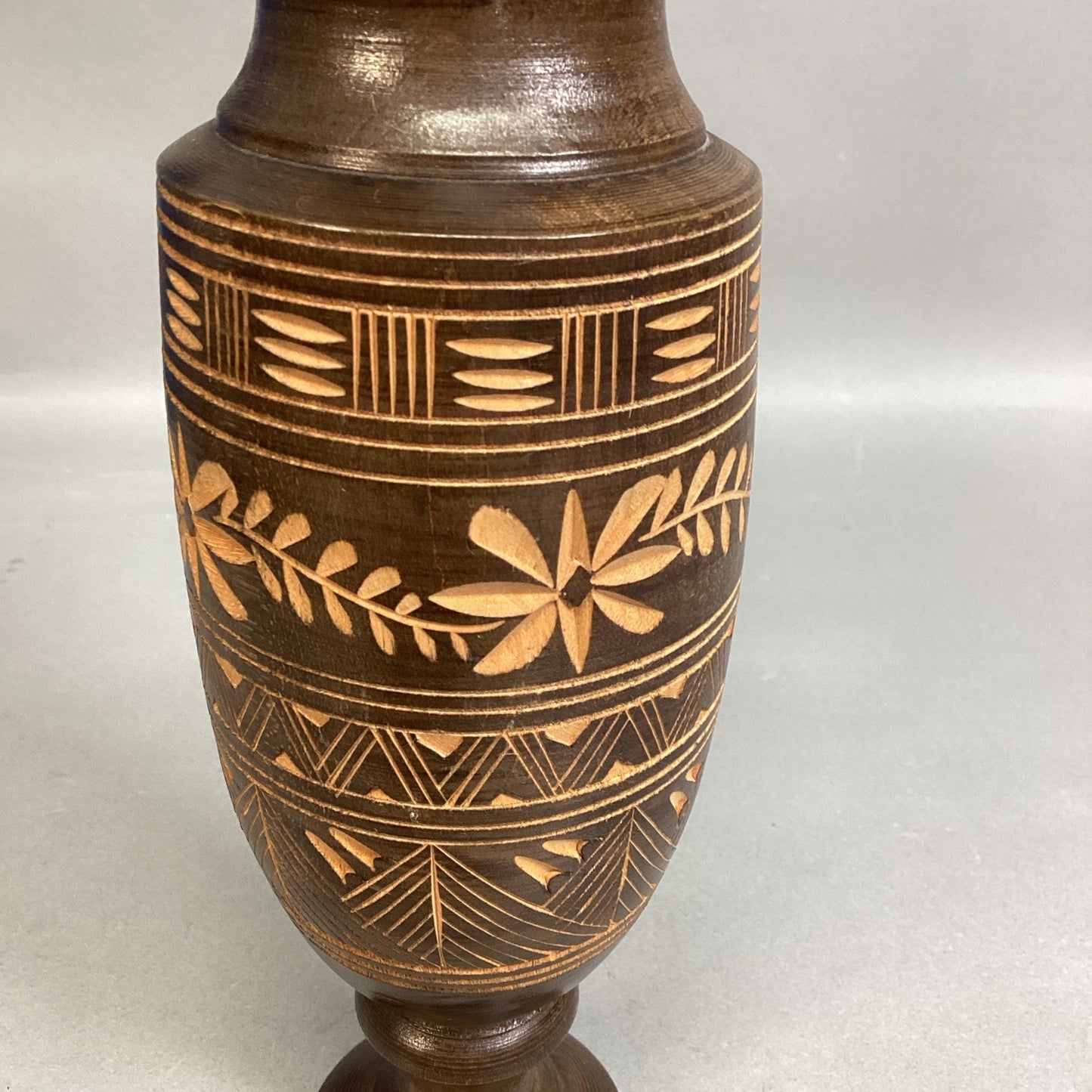 Vintage Hand-Turned Carved Wooden Vase - 10”