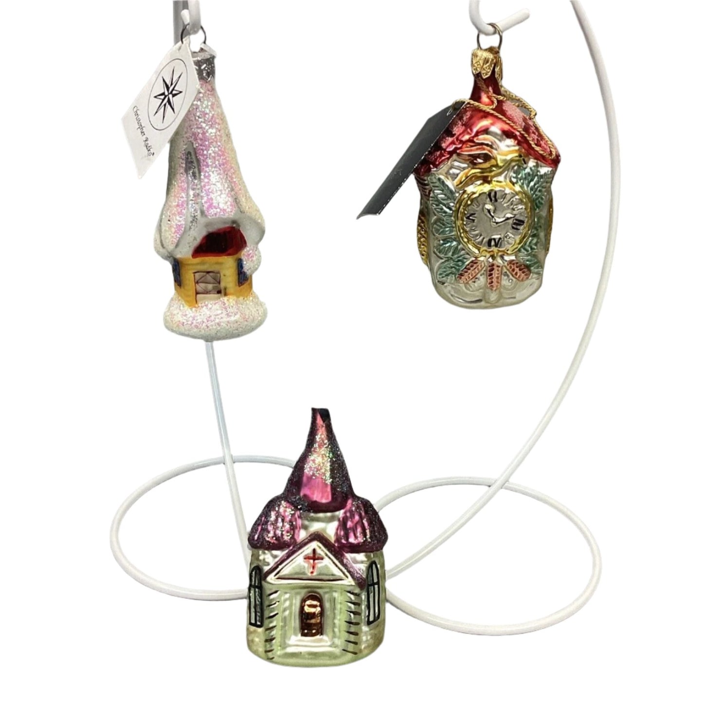 Radko Ice House & Little Chapel + Kurt Adler Cuckoo Clock Glass Ornaments