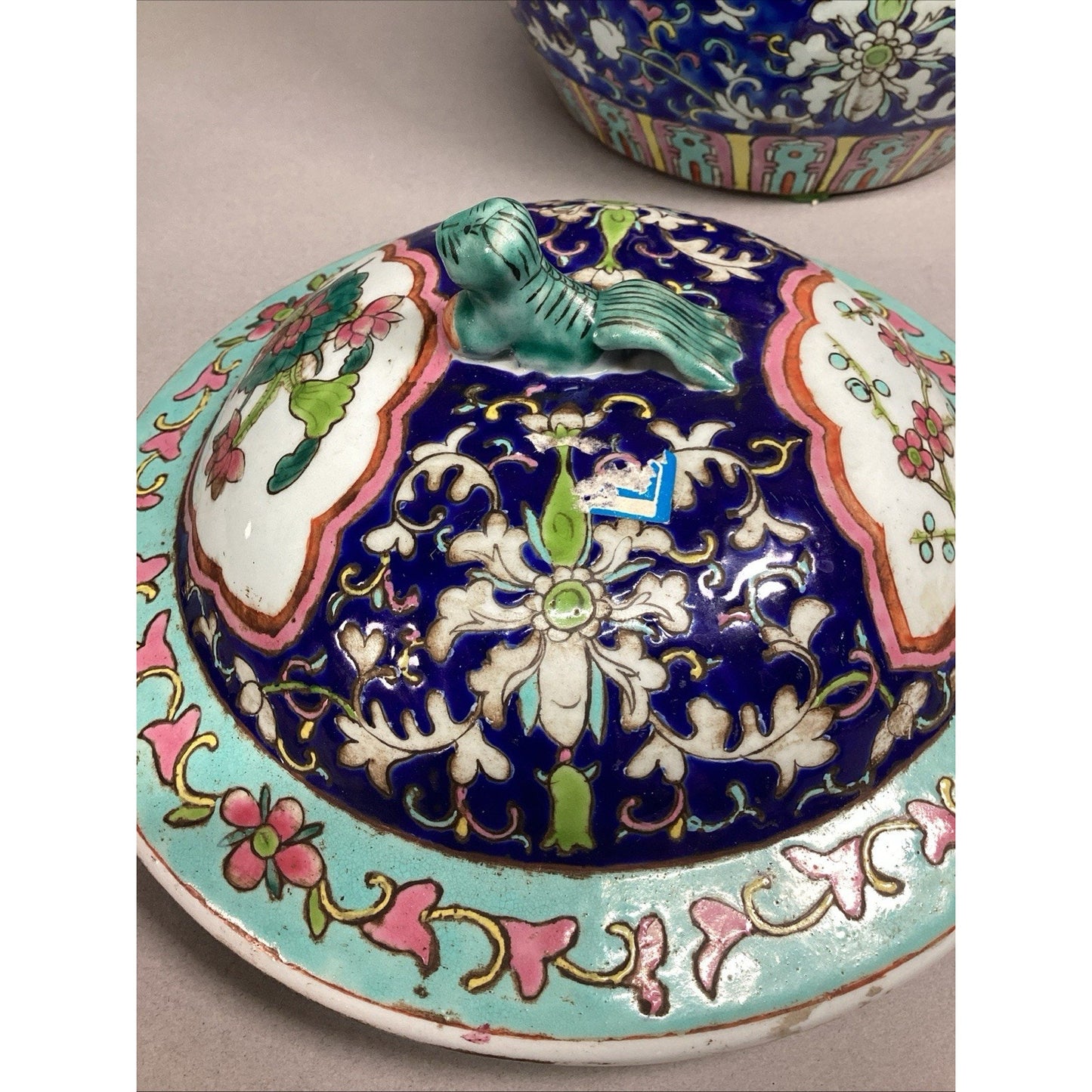 Chinese Lidded Jar (Kamcheng) Enameled Thick Porcelain W/ Peony Flowers - 9.5”H