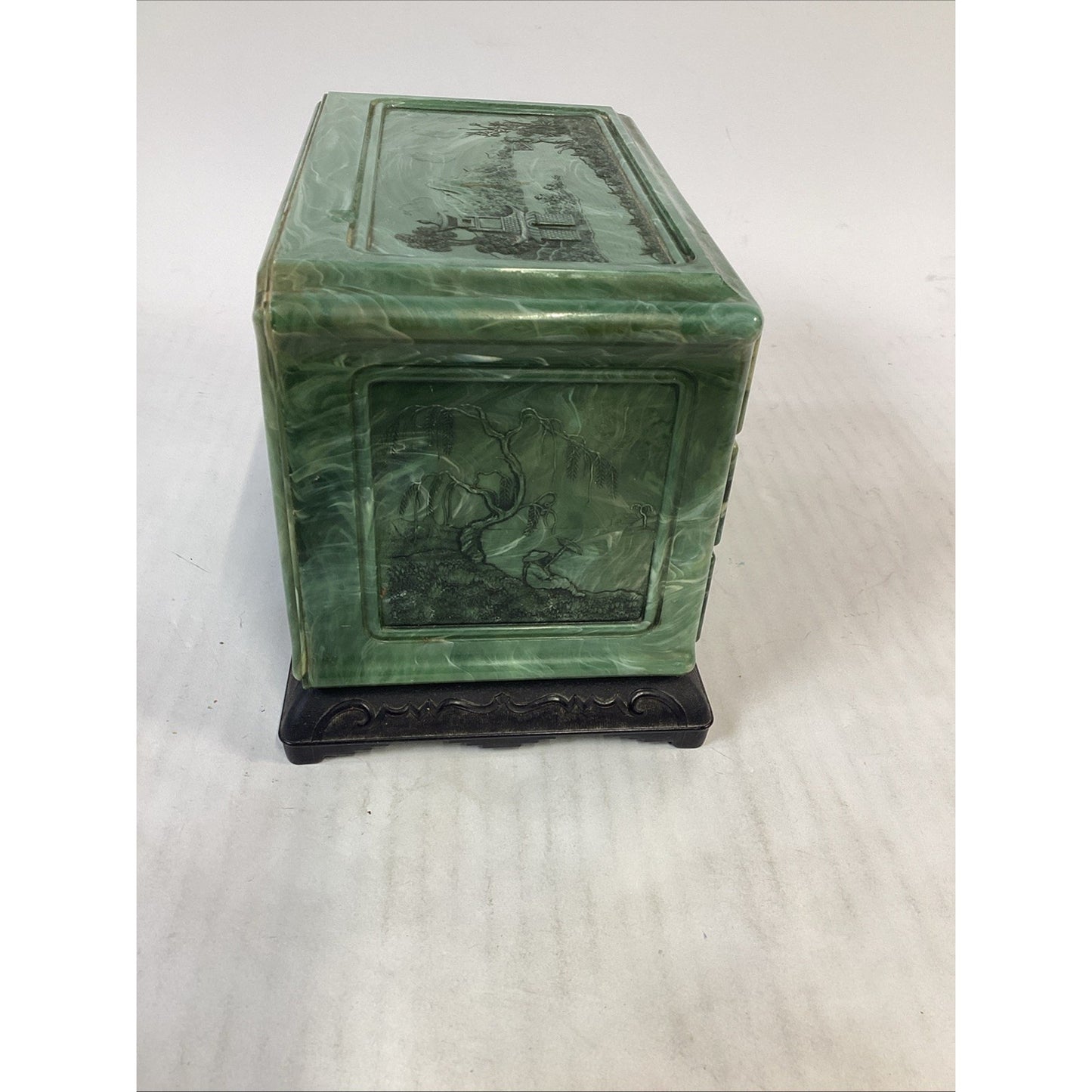 Vintage Green Marbled Celluoid Chinese Style Jewelry Box 3-Drawer