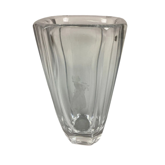 Orrefors Glass Flower Vase Featuring A Girl With Flowers Etched In Glass- 7 3/4”