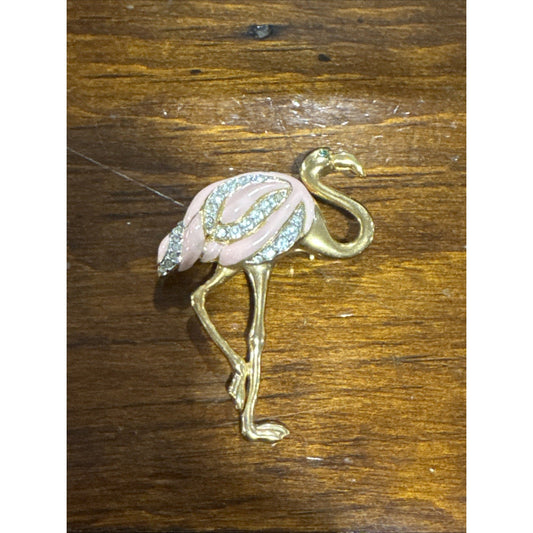 Vintage Flamingo Bird Pin Brooch Pink Enamel Gold Tone Figural Jewelry Green Eye