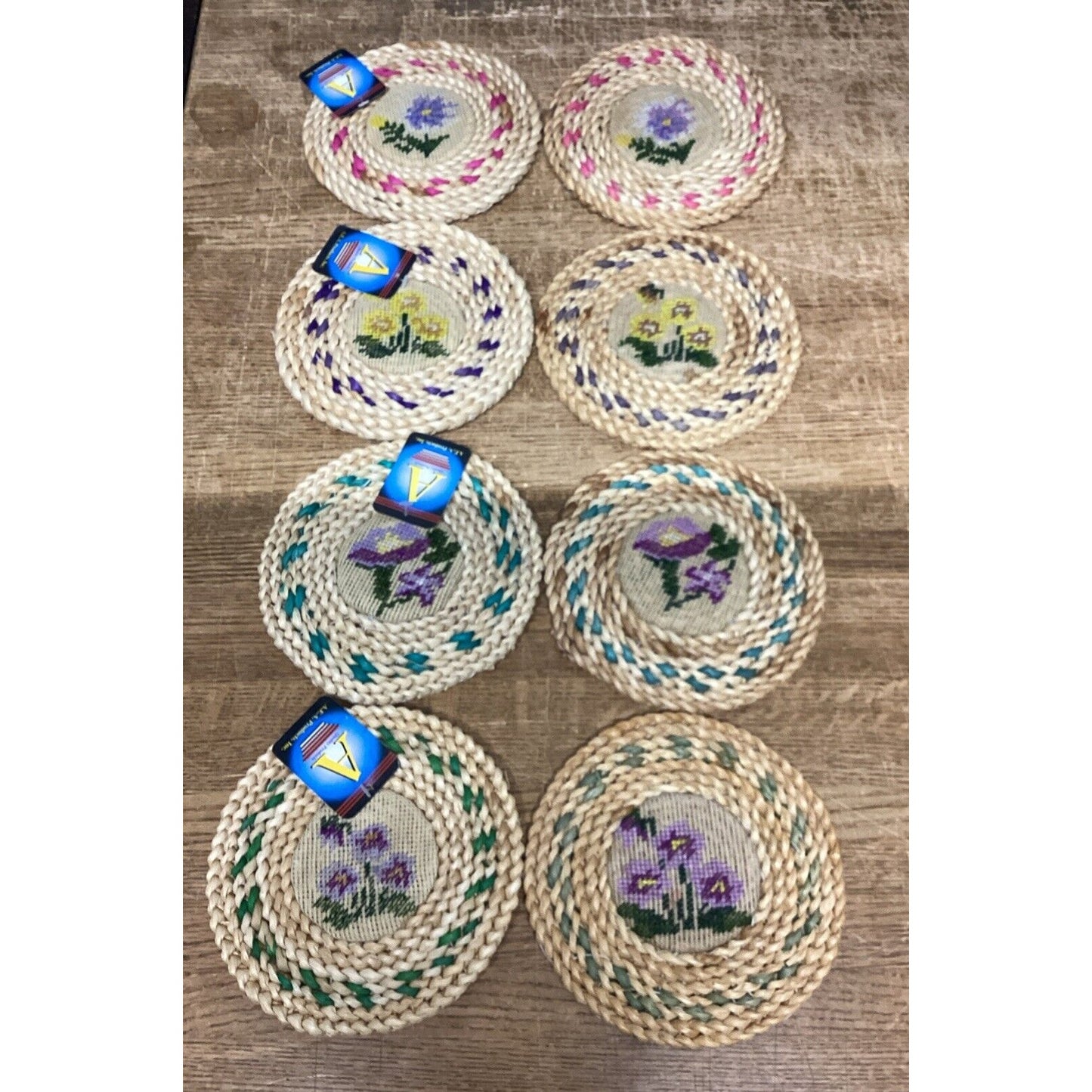 Set Of 8 Floral Woven Hot Plates/Trivets - 7”D