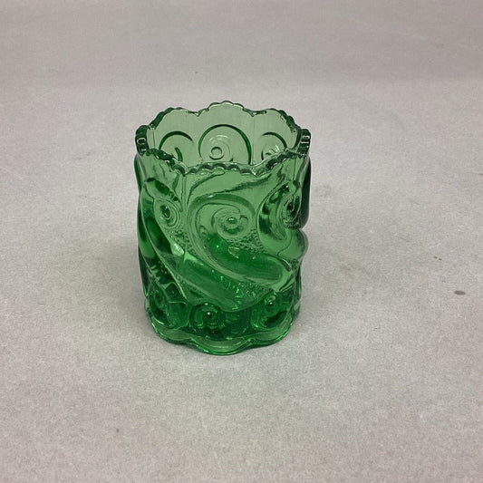 Vintage Pressed Green Glass Toothpick Holder Swirling Waves - 2.5x1.75”