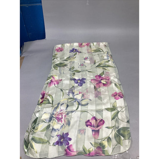 100% Silk Purple Pink Striped Women’s Floral Scarf - 60x15”
