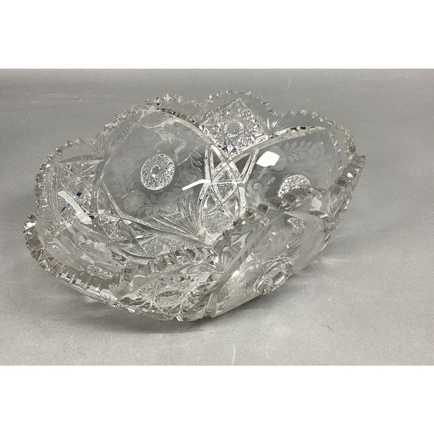 Vintage Heavy Cut Glass Bowl With Sawtooth Edges - Floral & Sunburst - 11x7”