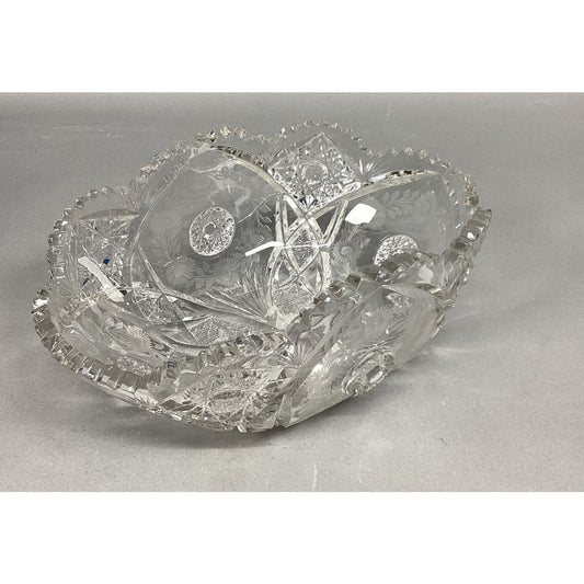 Vintage Heavy Cut Glass Bowl With Sawtooth Edges - Floral & Sunburst - 11x7”