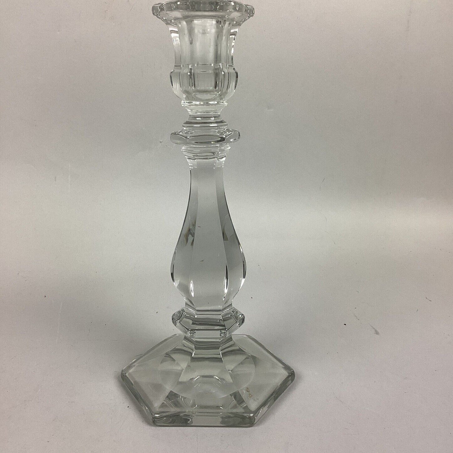 Set Of 2 Candle Stick Holders Clear Glass Crystal Heavy Hex Base - 11”H