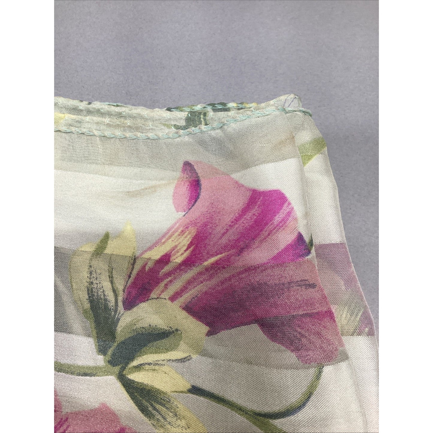 100% Silk Purple Pink Striped Women’s Floral Scarf - 60x15”