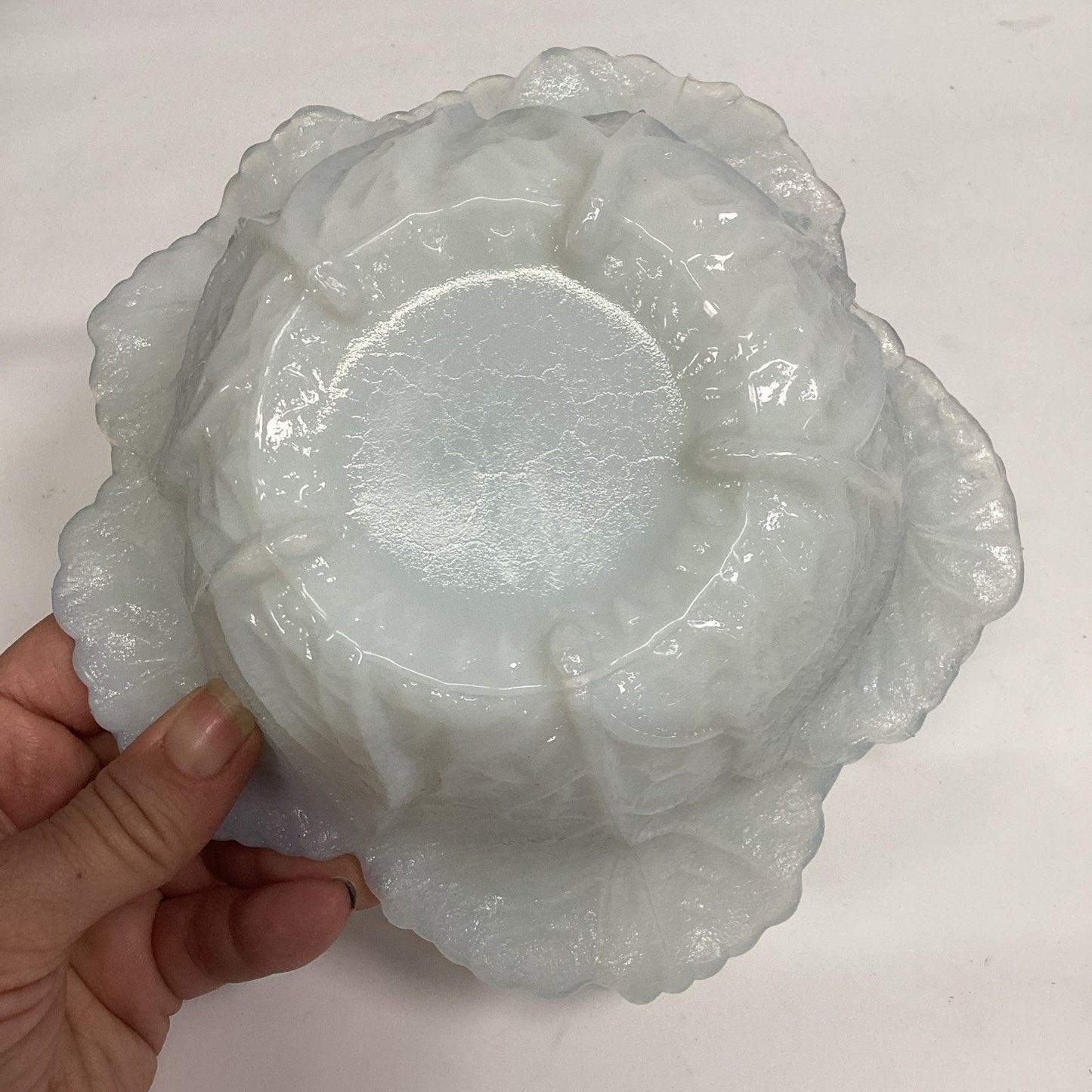 Antique Portieux Vallerysthal White Milk Glass Cabbage Leaf Candy Dish