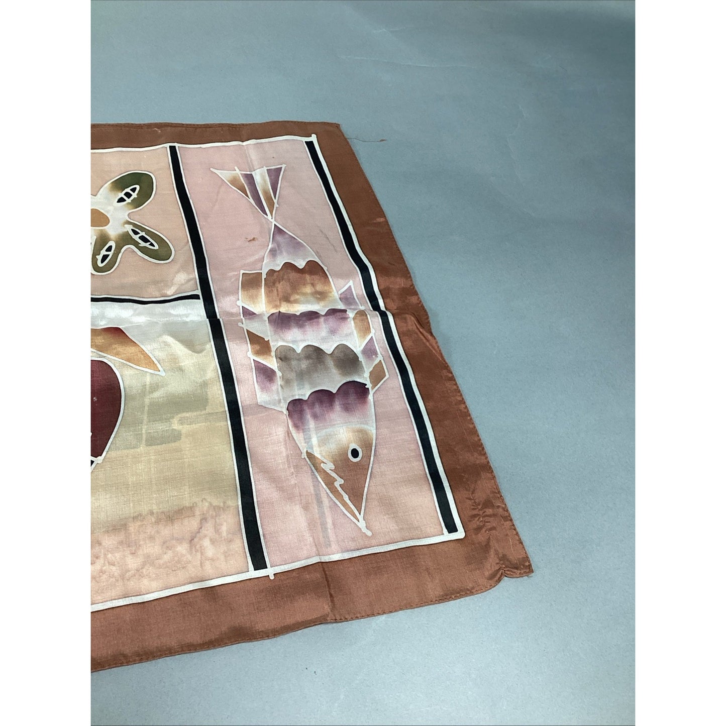 100% Silk Beach Themed Scarf W/ Shells, Fish And Fishermen - 60x16”